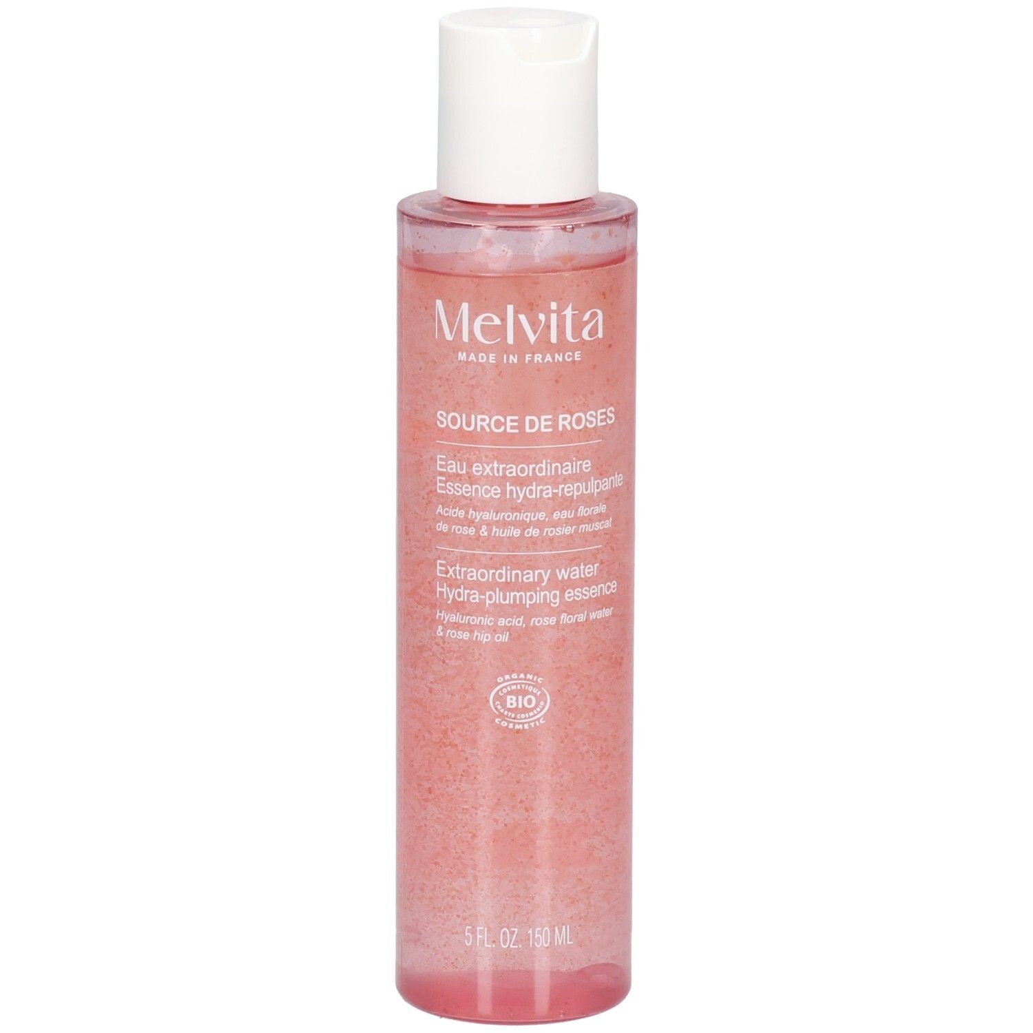 Flacon d'essence de rose. Logo Melvita et nom du produit. Flacon transparent avec liquide rose et bouchon blanc. Certification bio.