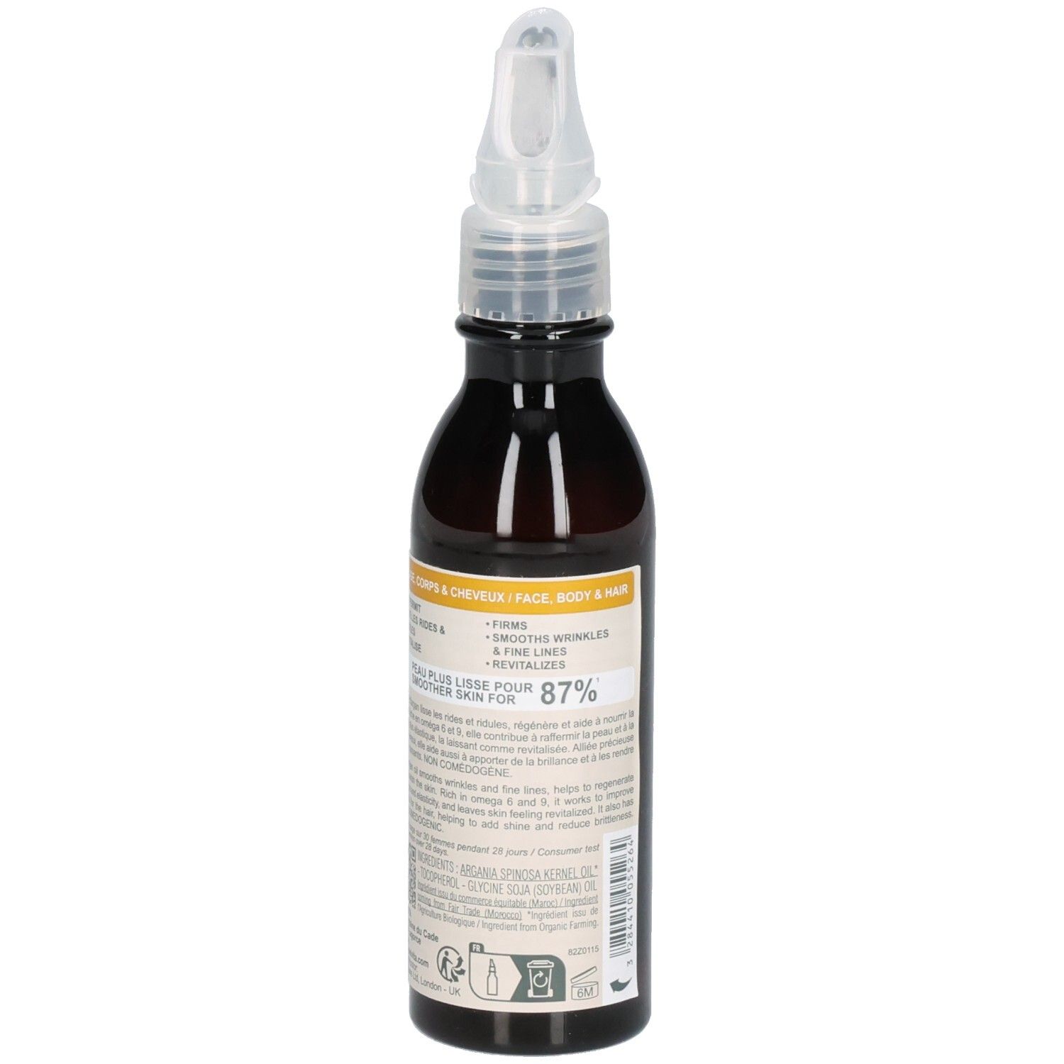 Arrière du flacon d'huile d'argan Melvita. Informations sur l'utilisation et les ingrédients.