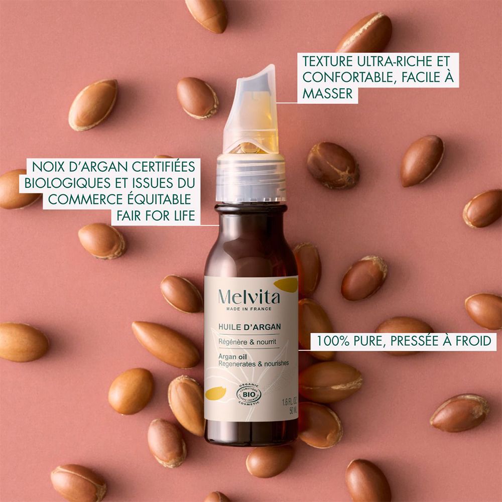 Flacon d'huile d'argan Melvita avec applicateur, vue de face. "50 ml".
