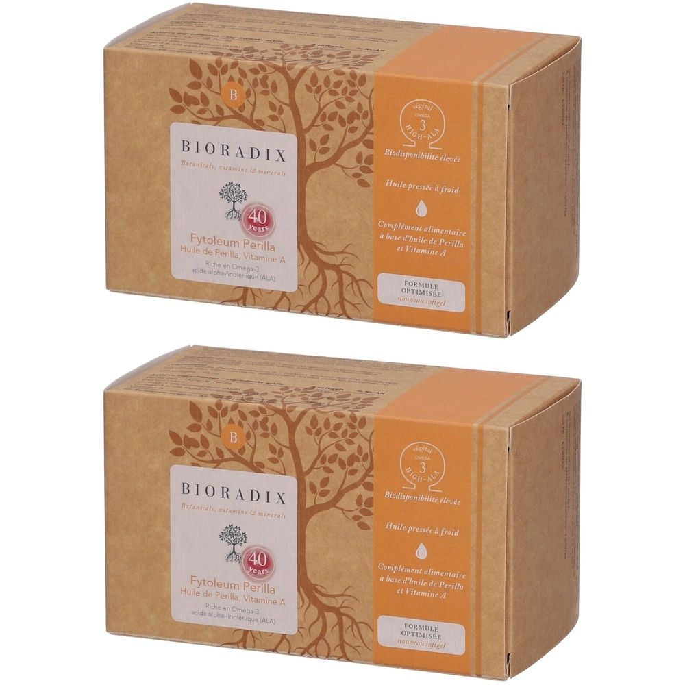 Deux boîtes en carton avec des inscriptions. Inscriptions: Bioradix, fytoleum Perilla, Omega 3, vitamine E. Bande orange avec texte.