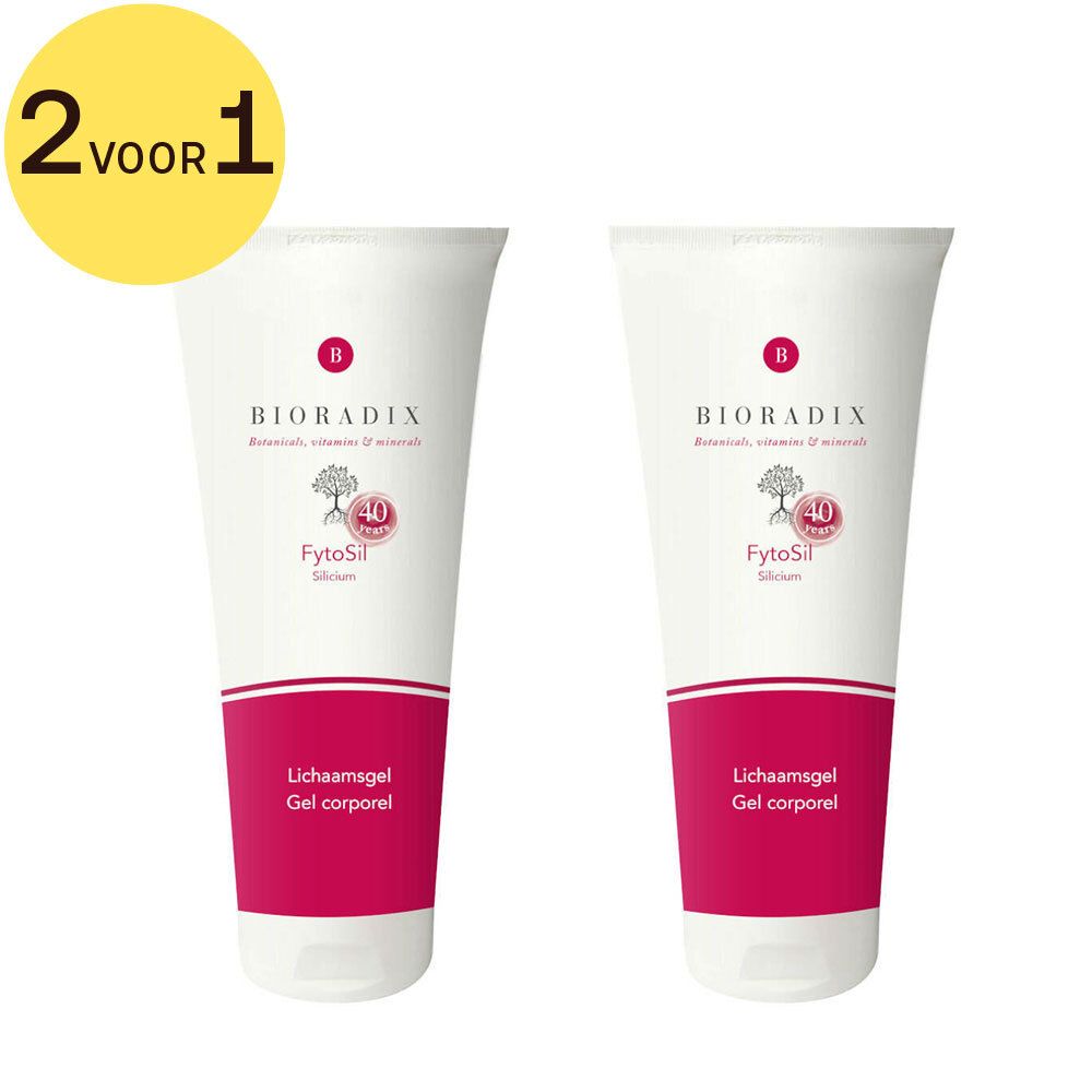 Twee tubes Bioradix FytoSil Silicium gel. Wit, met roze band en tekst. Sticker '2 voor 1'.