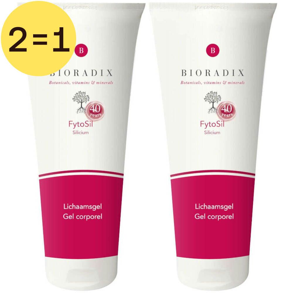 Twee tubes Bioradix FytoSil Silicium gel. Wit, met roze band en tekst. Merk en productnaam duidelijk zichtbaar.