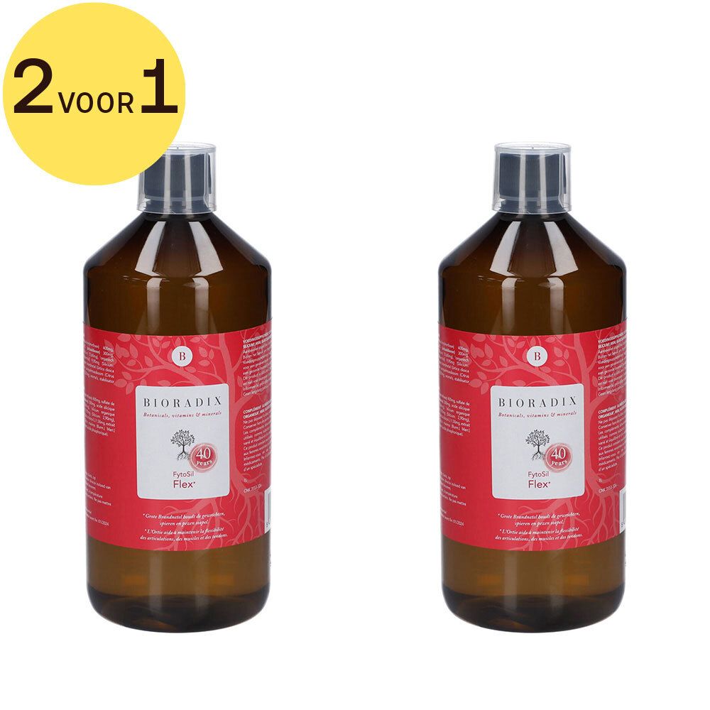 Twee flessen Bioradix Fytosil Flex. Bruine flessen met rood etiket. Gele cirkel met '2 voor 1'.