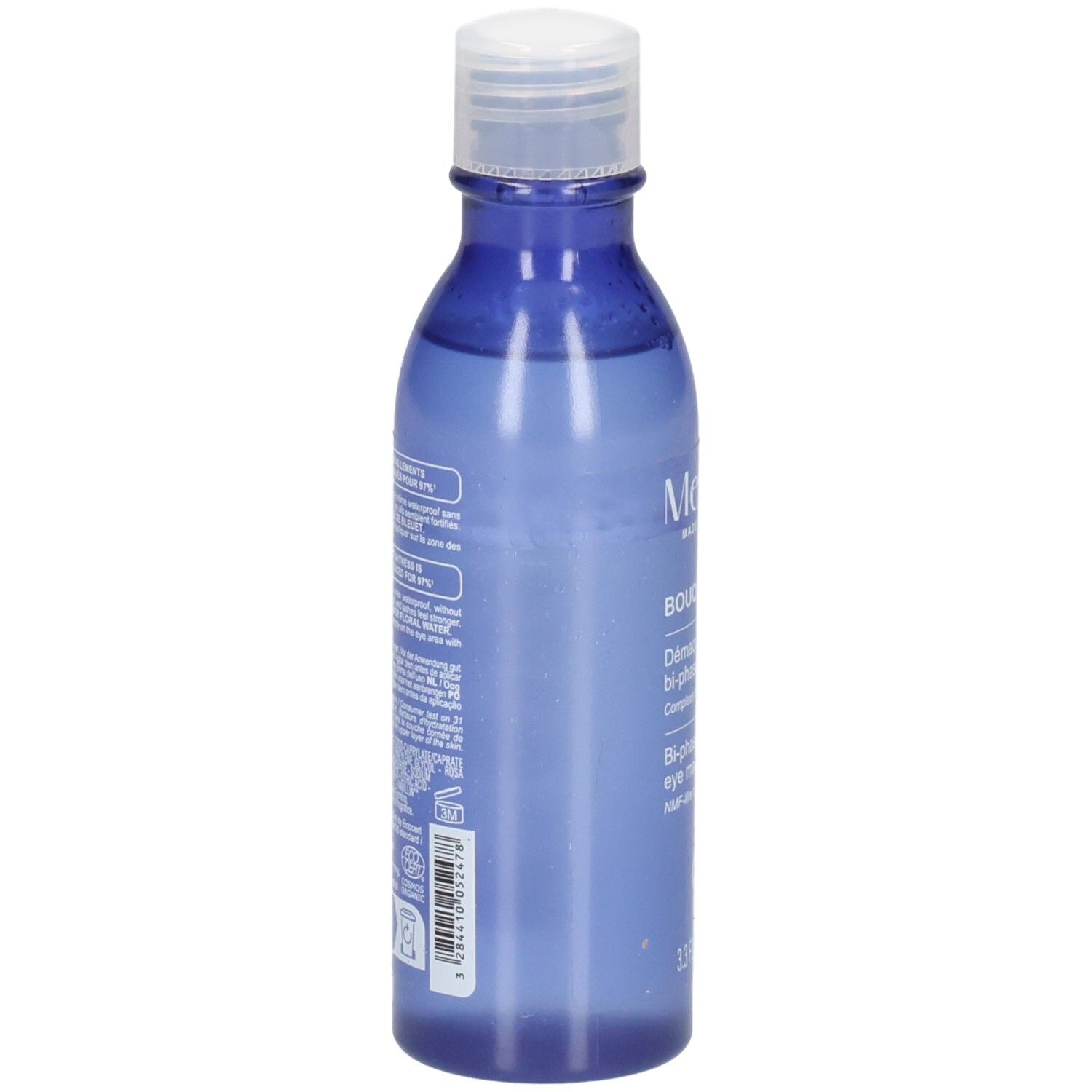 Achterkant Melvita oogmake-up remover, 100 ml, blauwe fles.