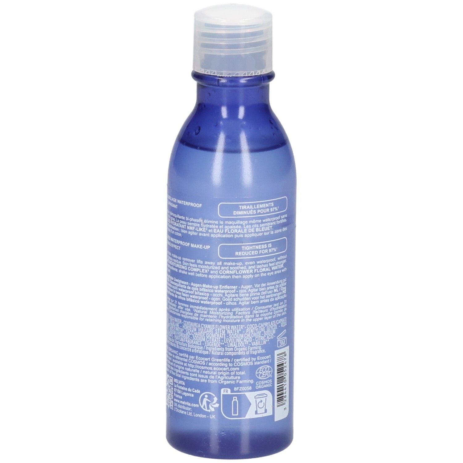 Achterkant Melvita oogmake-up remover, 100 ml, blauwe fles.