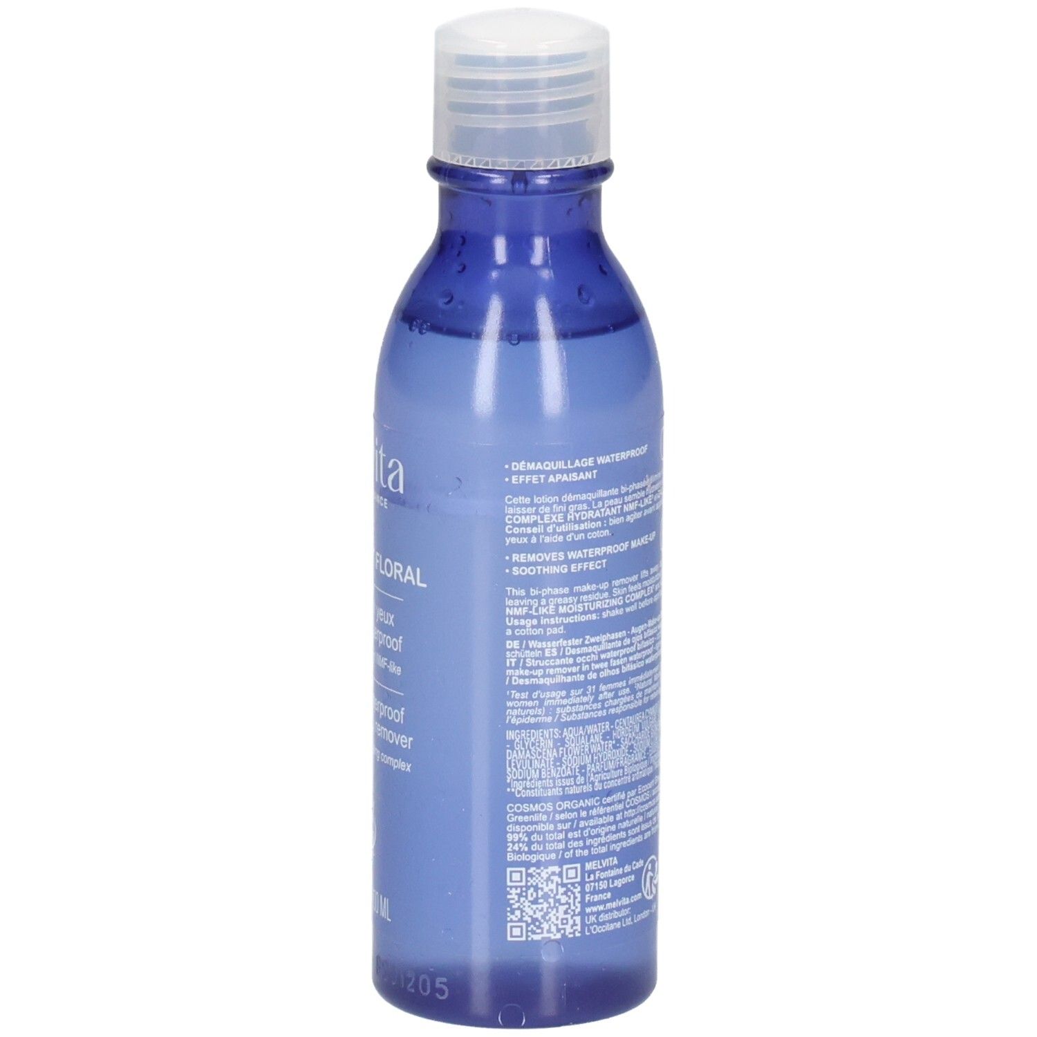 Achterkant Melvita oogmake-up remover, 100 ml, blauwe fles.