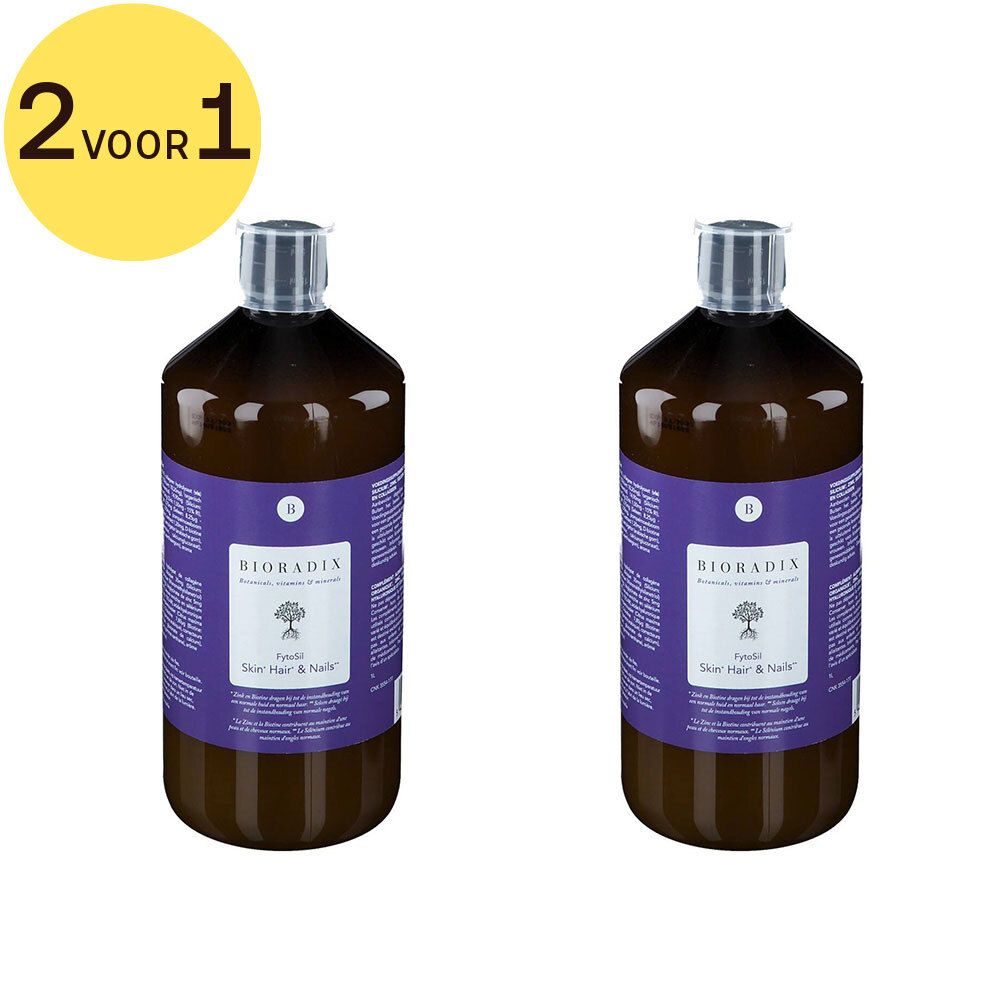 Twee flessen met paarse etiketten. Opschrift: Bioradix, FytoSil Skin Hair & Nails. Geel label: 2 voor 1.
