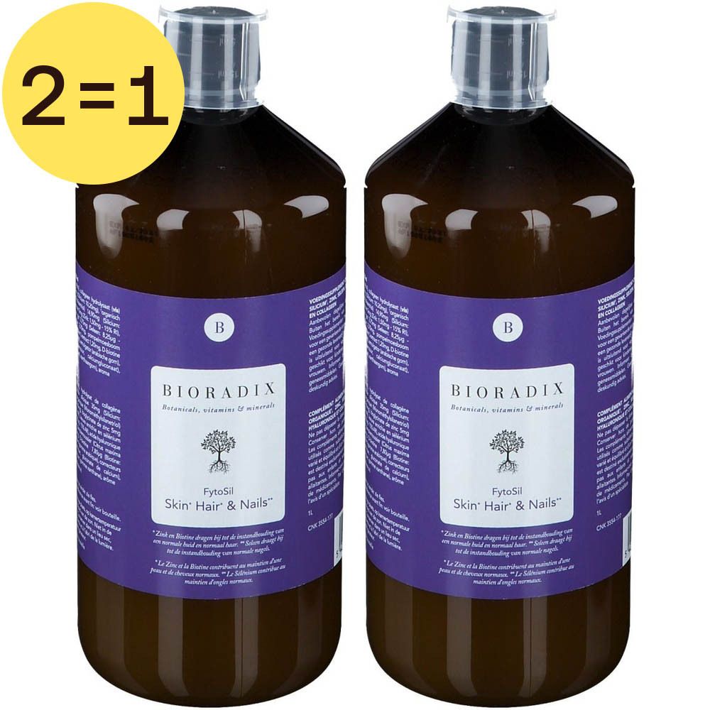 Twee flessen met paarse etiketten. Opschrift: Bioradix, FytoSil Skin Hair & Nails. Heldere vloeistof zichtbaar.
