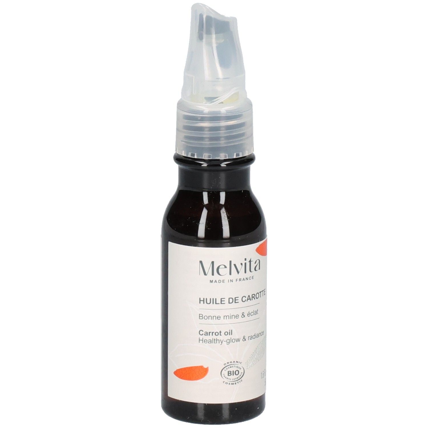 Flacon d'huile de carotte Melvita avec applicateur et label Bio.
