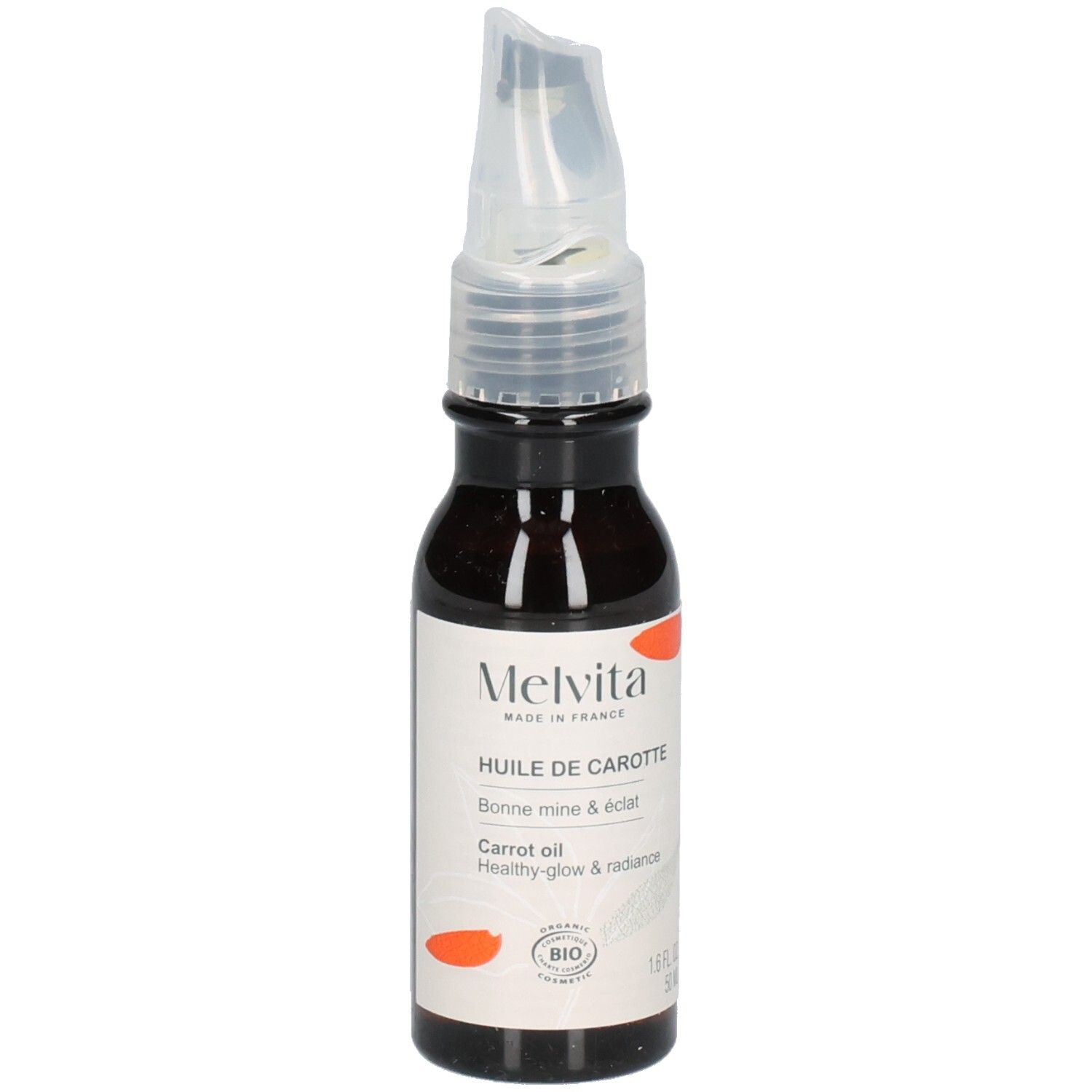 Flacon d'huile de carotte Melvita avec étiquette, label Bio et indication 50 ml.