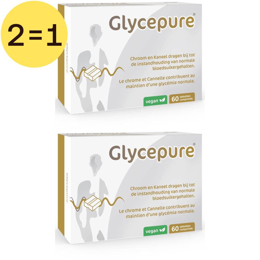 Twee dozen Glycepure, vegan, 60 tabletten. Opschrift: Chroom en Kaneel dragen bij tot de instandhouding van normale bloedsuikergehalten.