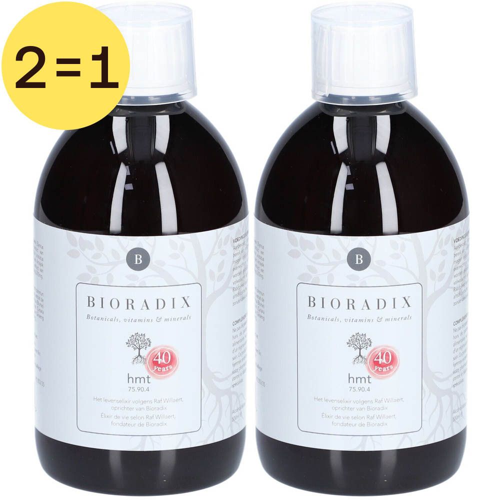 Twee bruine kartonnen verpakkingen met productlabel. Opschrift: Bioradix, hmt 75.90.4, Botanicals, vitamins & minerals. 40 jaar jubileum.