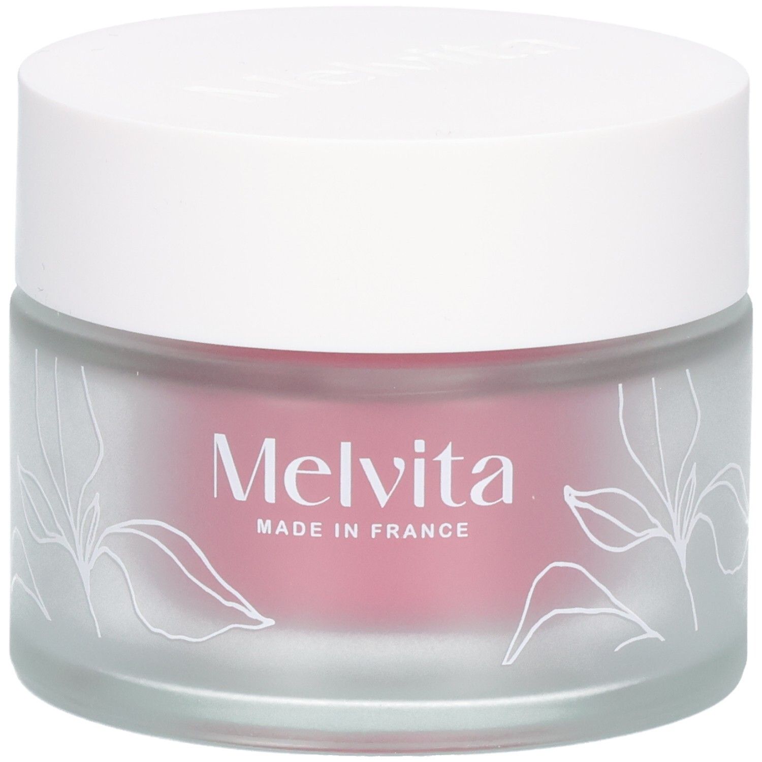 Crèmepot met witte deksel. Melvita-logo en "MADE IN FRANCE". Bloemenmotief.