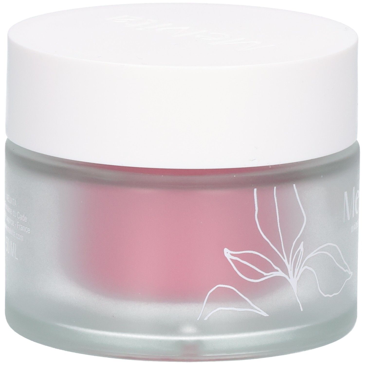Crèmepot met witte deksel. Melvita-logo. Bloemenmotief. Roze crème zichtbaar.