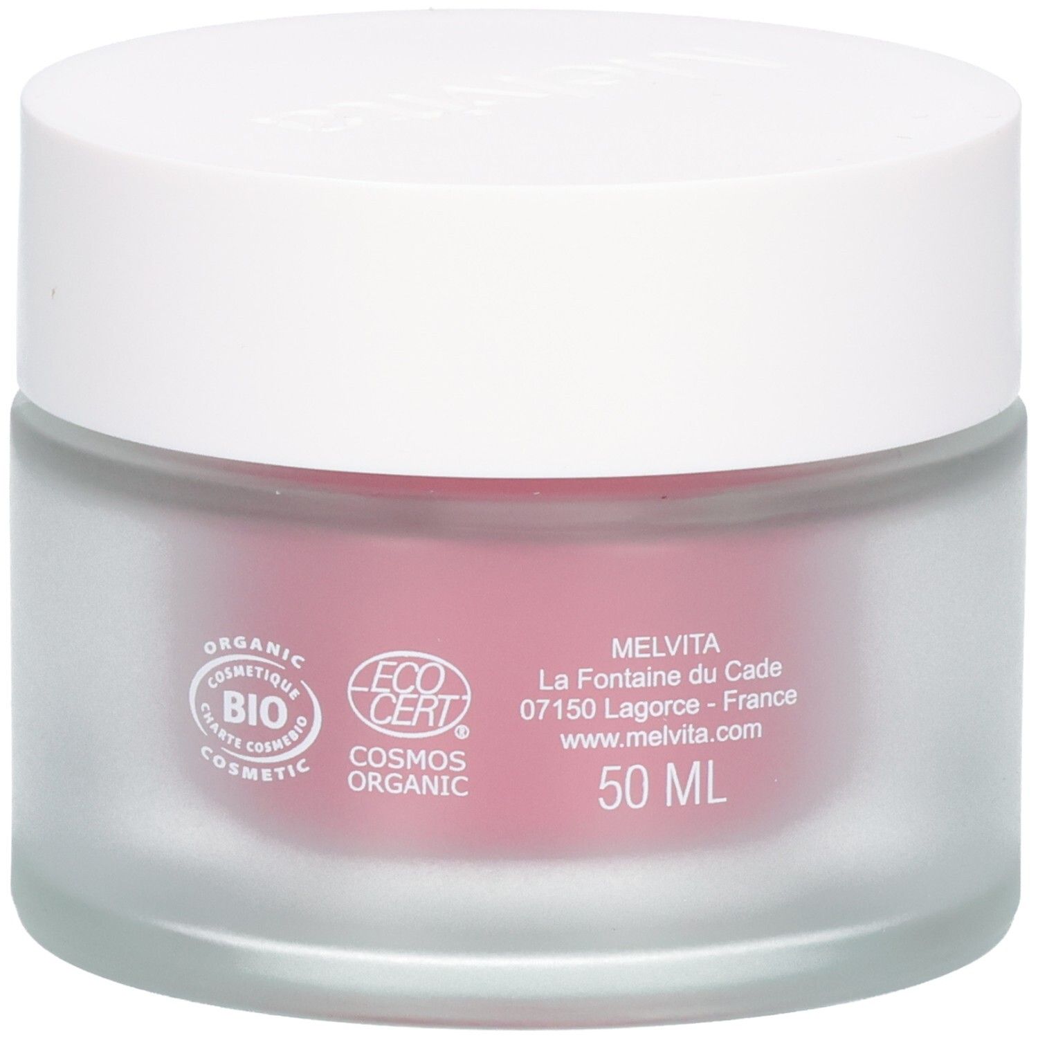 Crèmepot met witte deksel. Melvita, 50 ml. Biologische certificeringen. Roze crème zichtbaar.