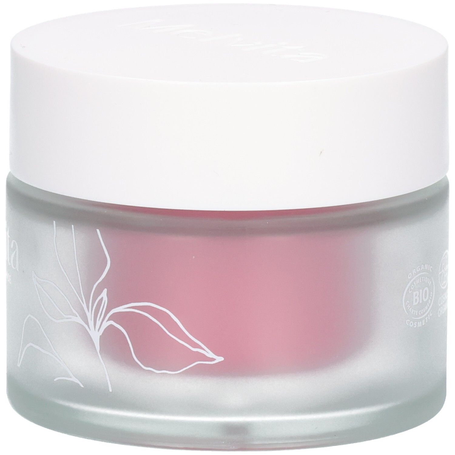 Crèmepot met witte deksel. Melvita-logo. Bloemenmotief. Roze crème zichtbaar.