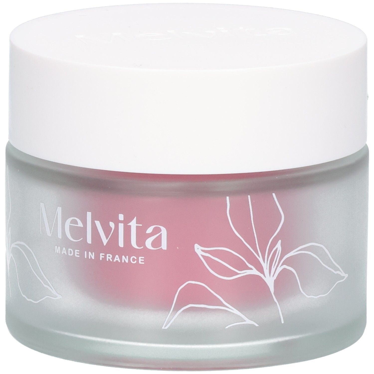 Crèmepot met witte deksel. Melvita-logo en "MADE IN FRANCE". Roze crème zichtbaar.