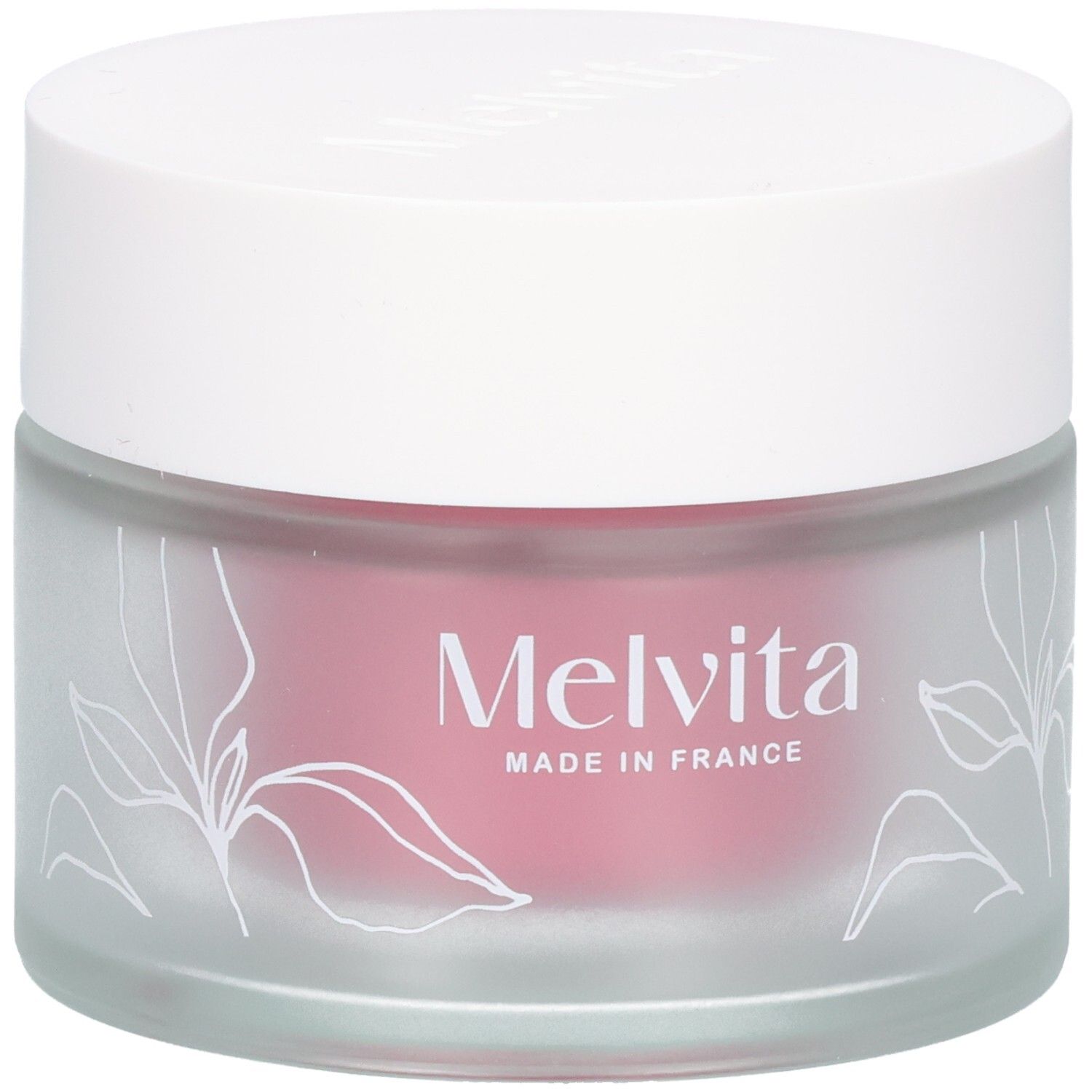 Crèmepot met witte deksel. Melvita-logo en "MADE IN FRANCE". Bloemenmotief.