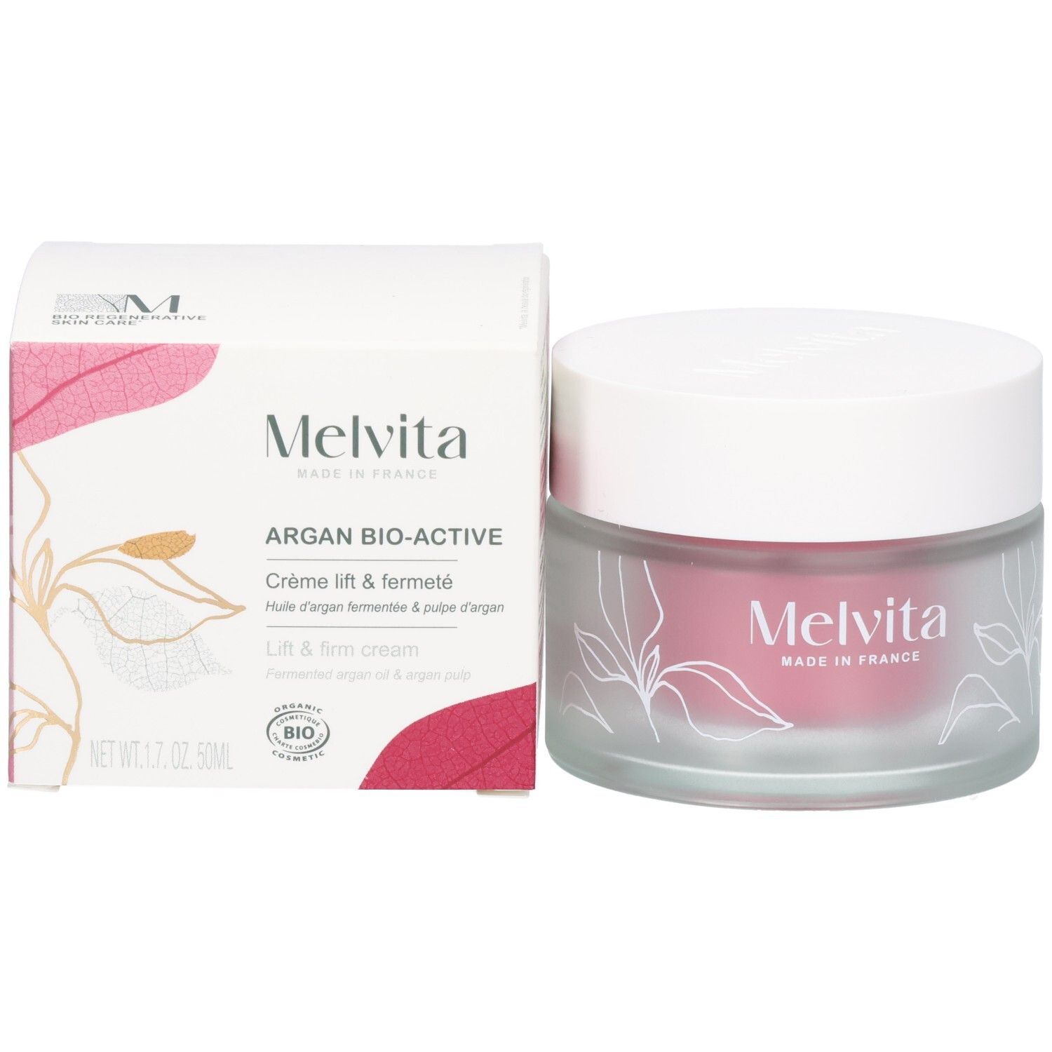 Crèmepot en doos. Melvita-logo. "ARGAN BIO-ACTIVE". Roze crème zichtbaar. 50ml.