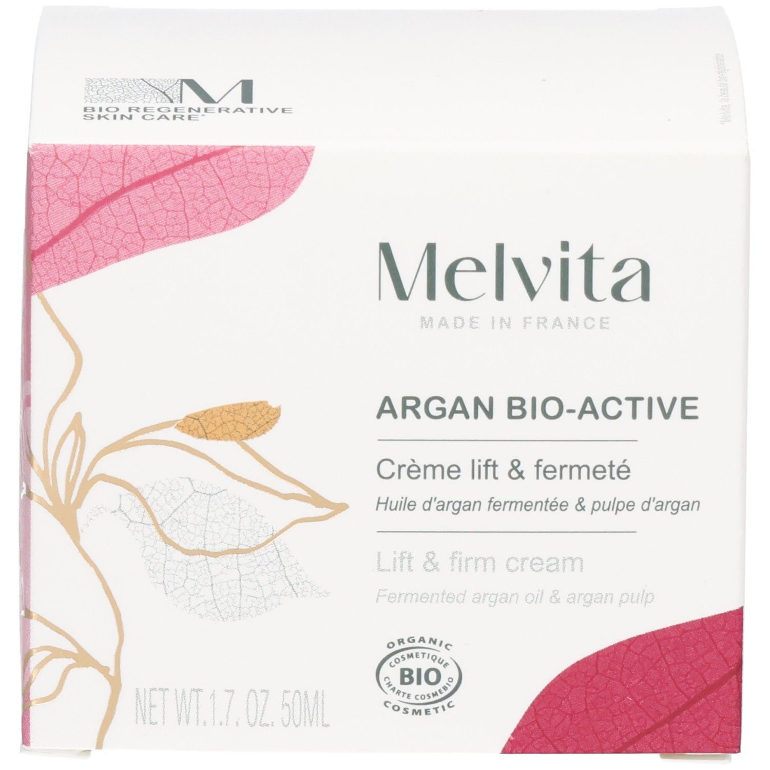 Doos. Melvita-logo. "ARGAN BIO-ACTIVE". Biologische certificering. 50ml.