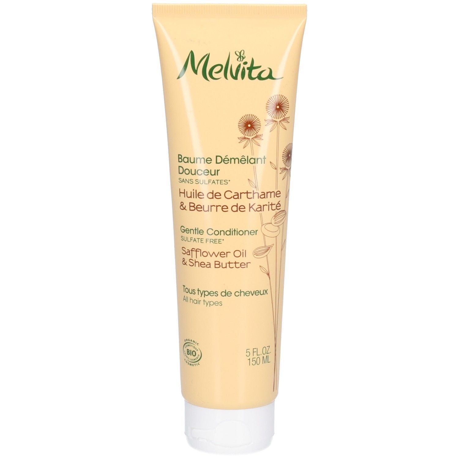 Beige tube met groene tekst. Tekst: Baume Démêlant Douceur, Huile de Carthame & Beurre de Karité. Bio-logo.
