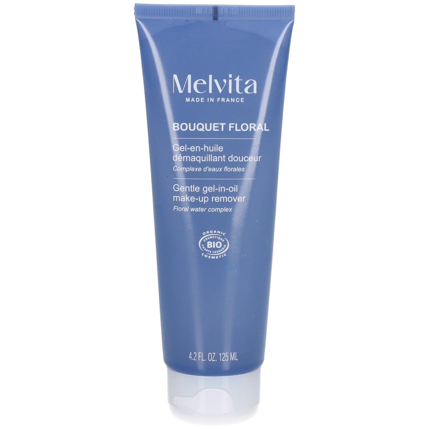 Tube bleu avec bouchon blanc. Inscription: Melvita, Bouquet Floral, Gel-en-huile démaquillant douceur, 125ml, label bio.