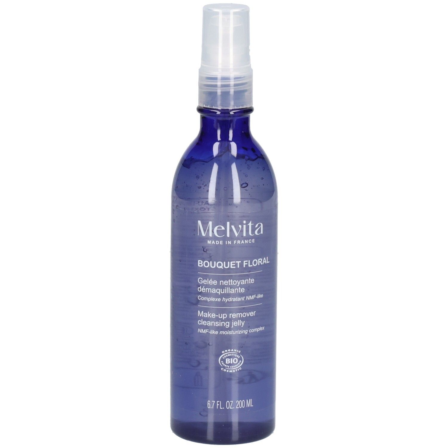 Melvita make-up remover, blauwe spuitfles met witte pomp.