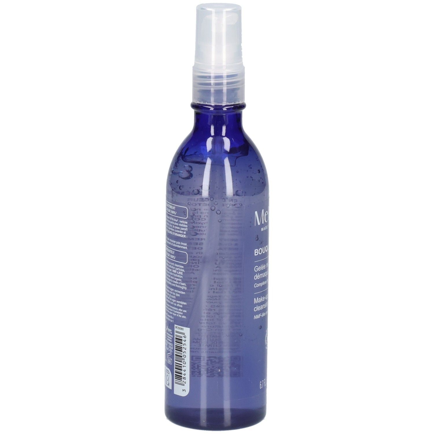 Achterkant Melvita make-up remover, blauwe spuitfles met tekst.
