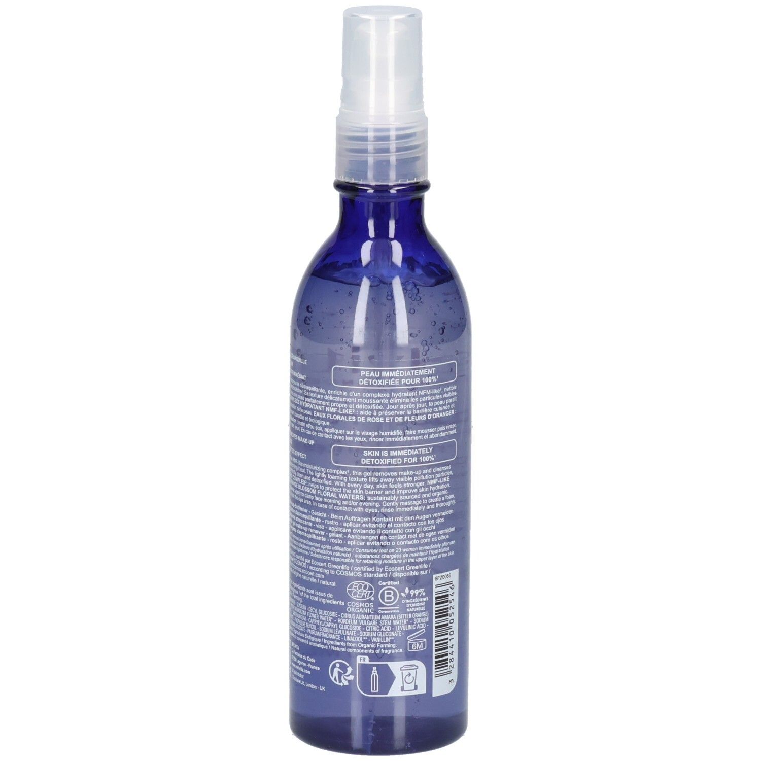 Achterkant Melvita make-up remover, blauwe spuitfles met tekst en zegels.
