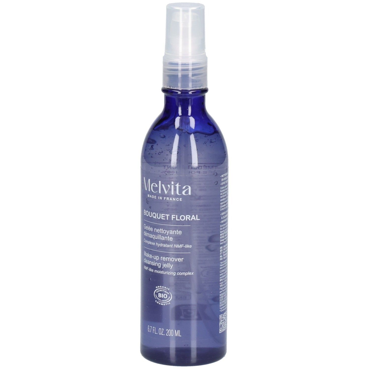 Melvita make-up remover, blauwe spuitfles met witte pomp.