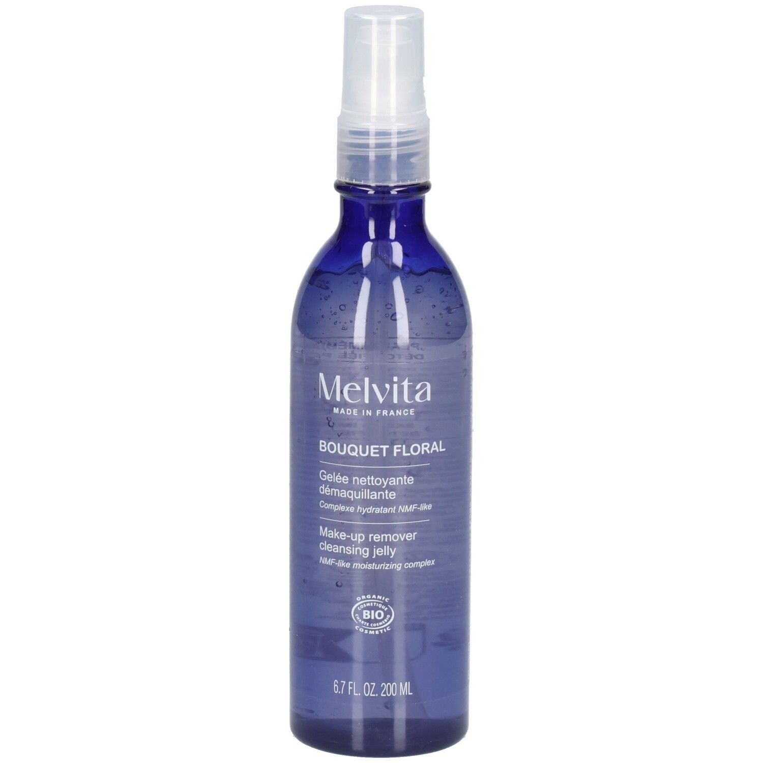 Melvita make-up remover, blauwe spuitfles met witte pomp.