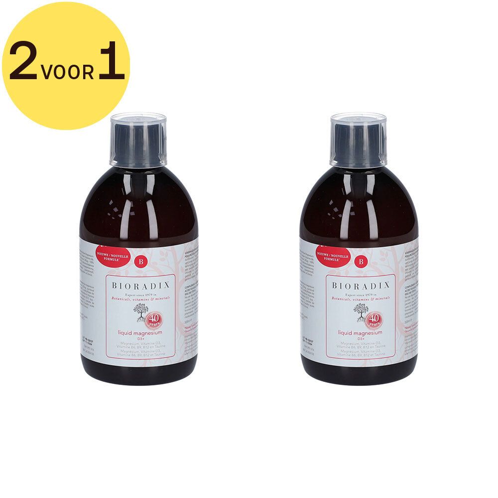 Twee flessen Bioradix Liquid Magnesium D3+. Opschrift: Liquid Magnesium D3+. Met gele 2 voor 1 cirkel.