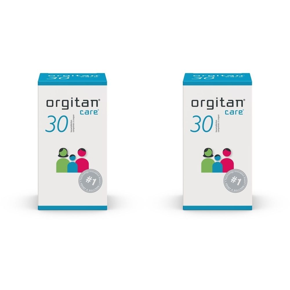 Twee rechthoekige verpakkingen met blauwe deksel. Opschrift: orgitan care 30. Logo met personen. Keurmerk.