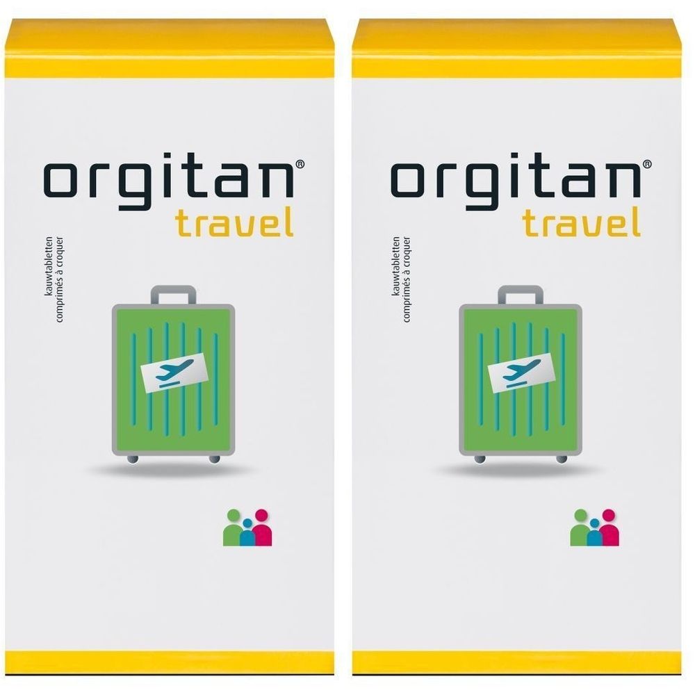 Twee verpakkingen met gele accenten. Opschrift: orgitan® travel. Illustratie van een groene koffer met vliegtuigsymbool.