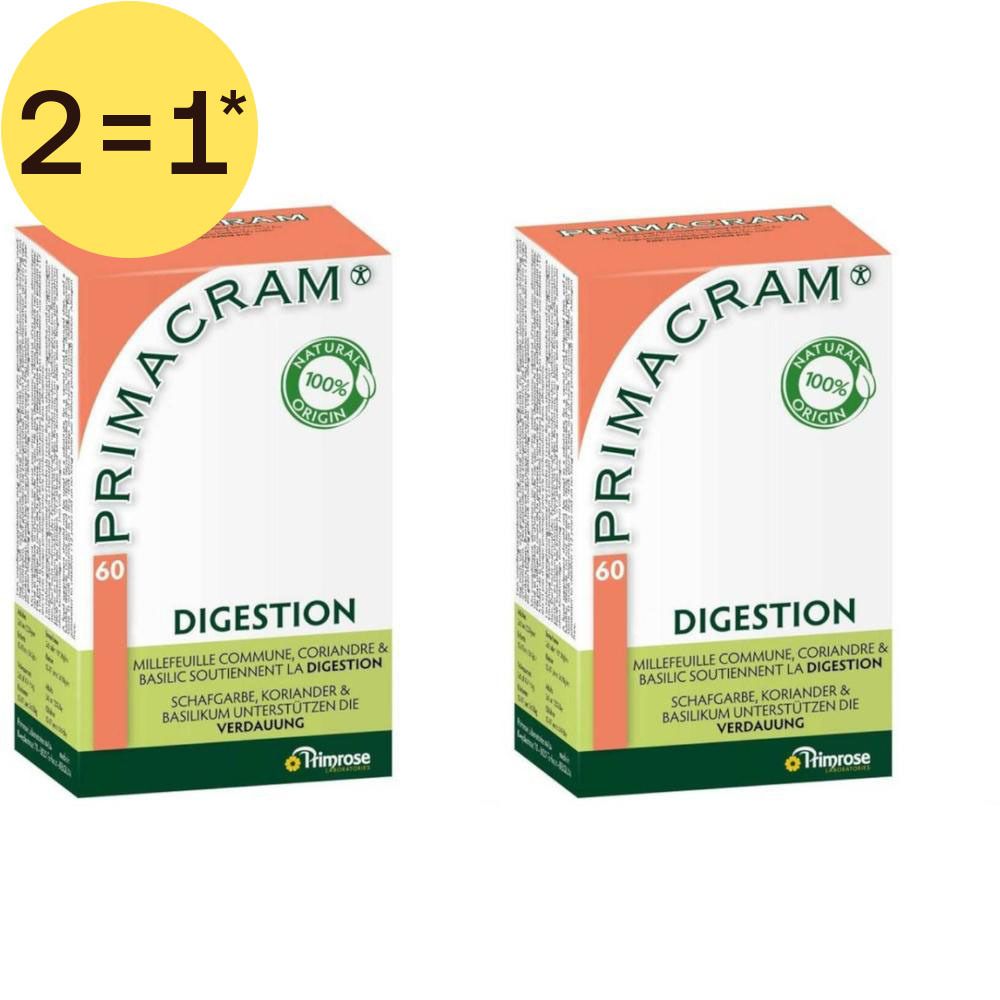 Deux boîtes Primacram pour la digestion, 60 gélules par boîte. Avec "2=1" offre. Sceaux "Natural Cough" et "100%".