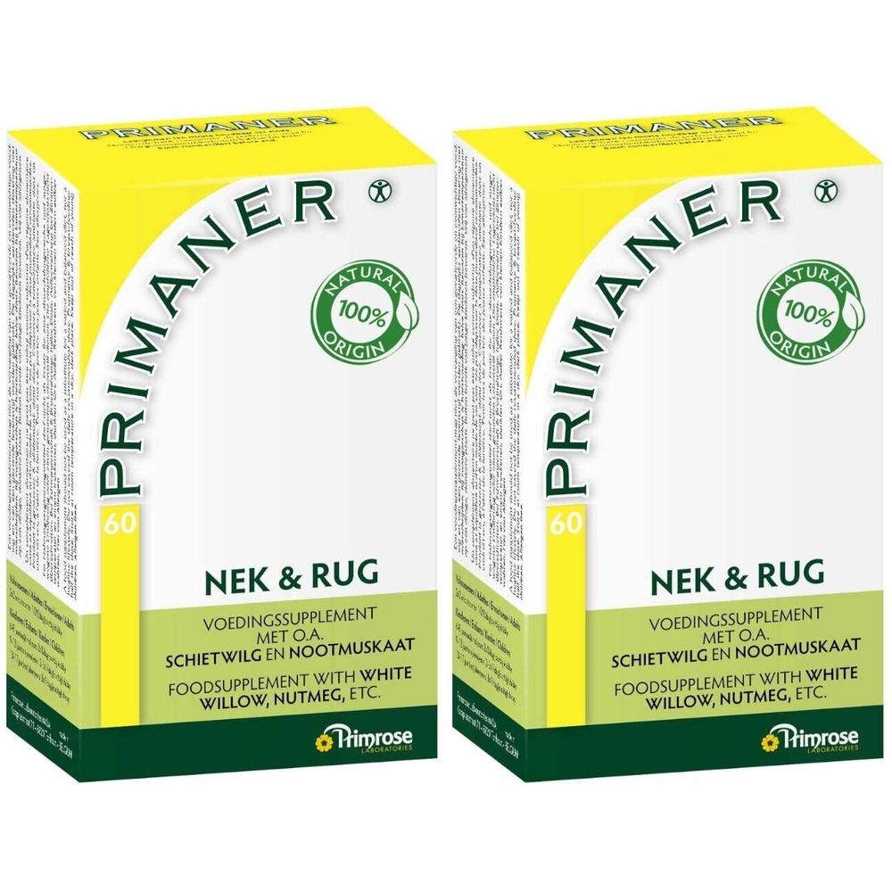 Twee rechthoekige dozen met de tekst "PRIMANER". Opschrift "NEK & RUG" en "60". Logo "100% Natural Origin". Merk Primrose.