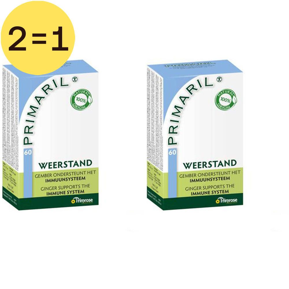 Twee dozen Primaril met 'WEERSTAND' en groene logo's. Elke doos toont '60'. Gele cirkel met '2=1'.