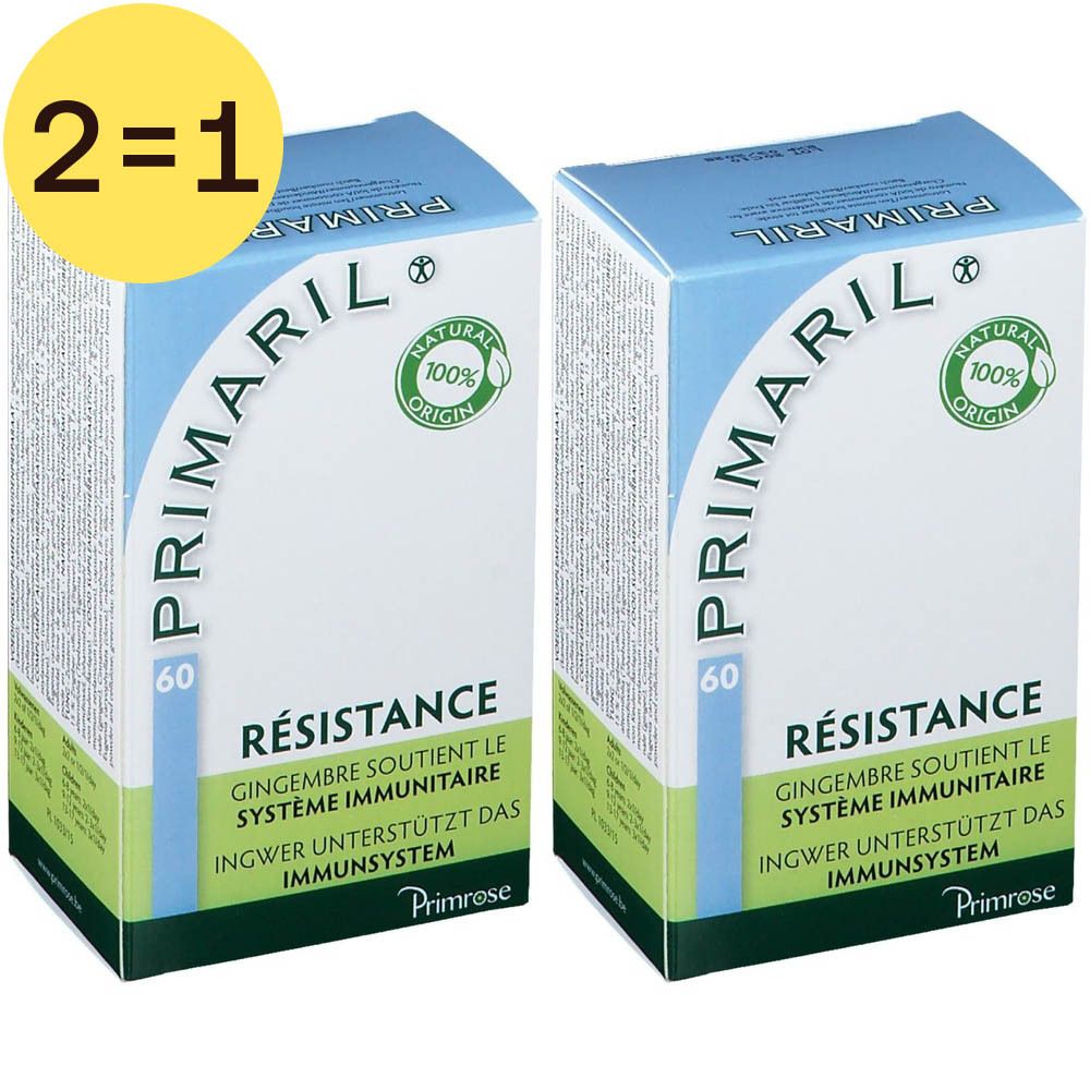 Twee dozen Primaril met 'WEERSTAND'. Elke doos toont '60' en een groen logo. Gele cirkel met '2=1'.
