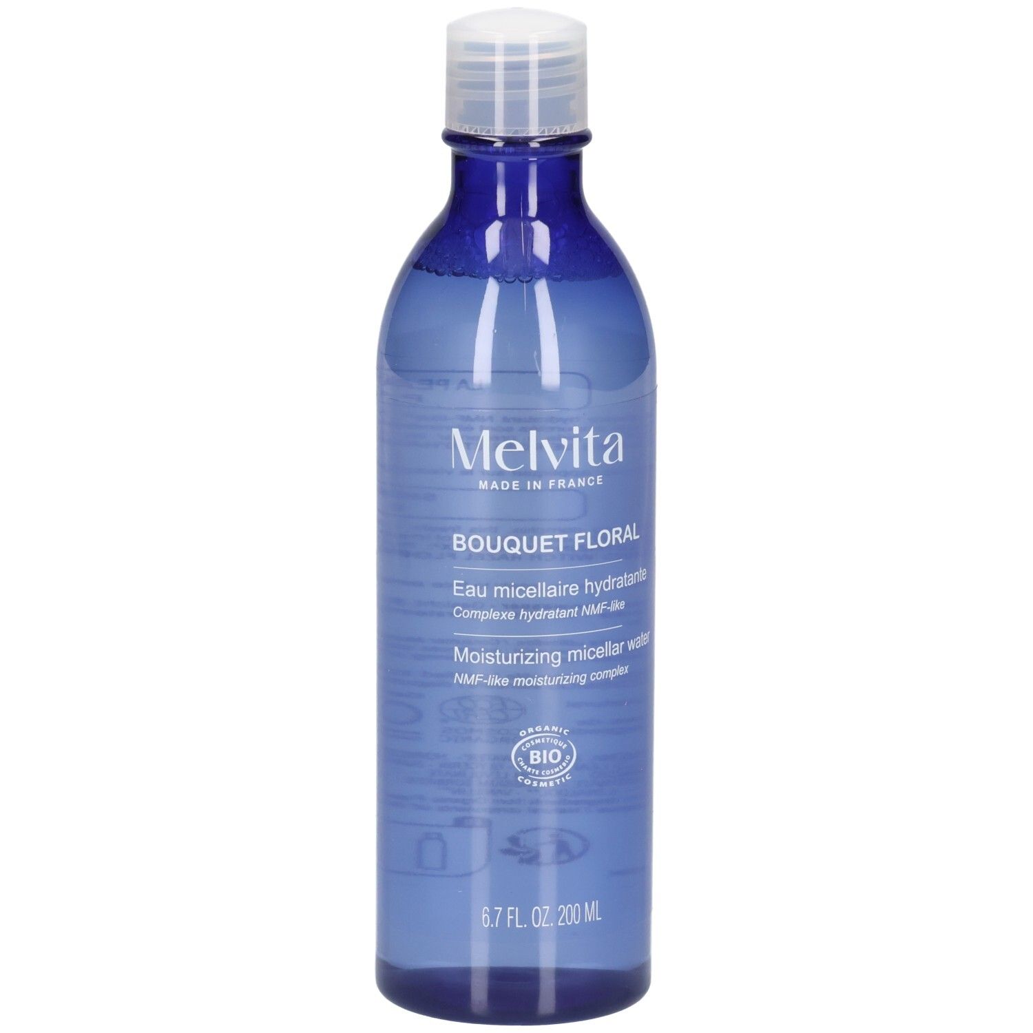 Melvita Eau Micellaire Douce Détox, blauwe fles met witte dop. Bevat BIO-keurmerk.