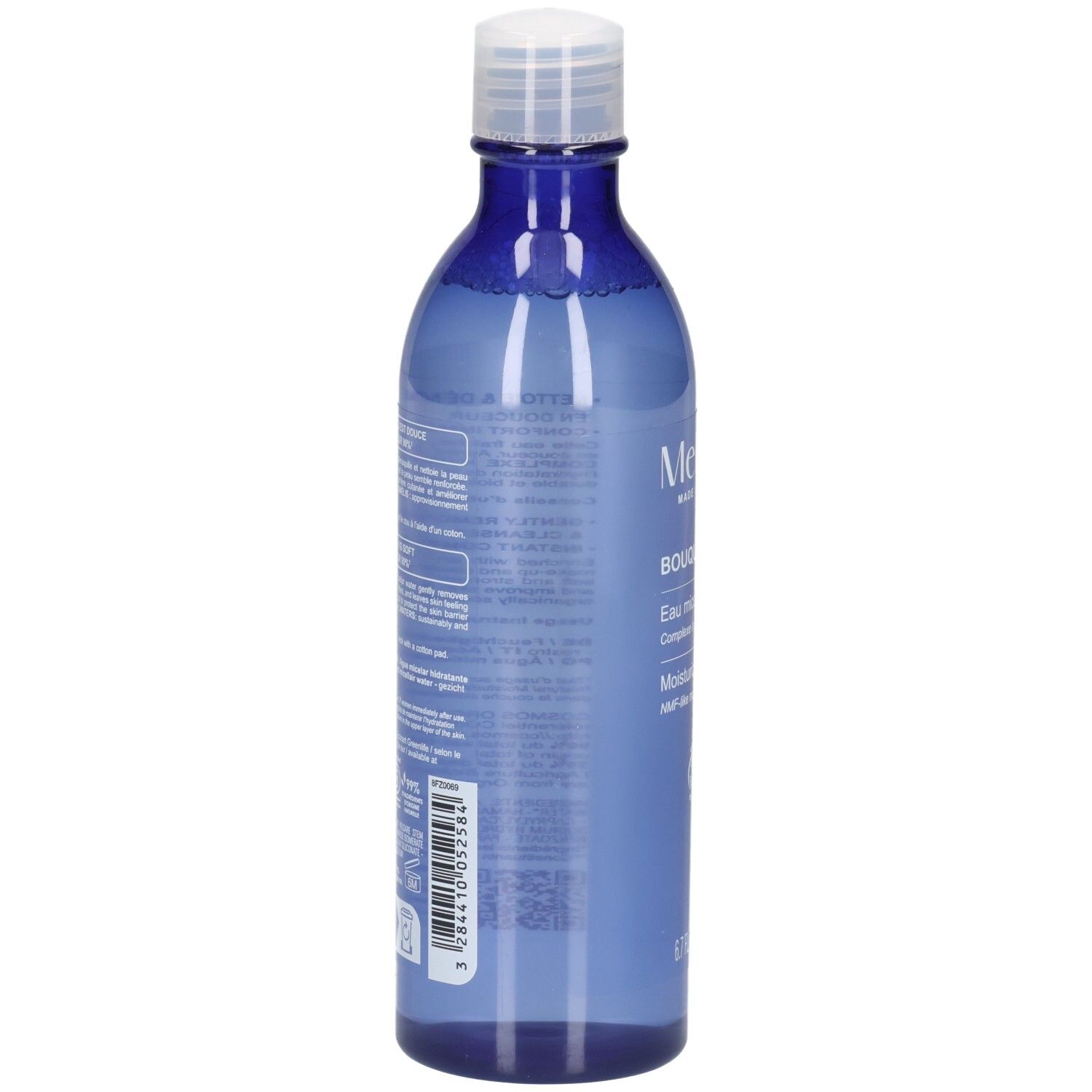 Achterkant van de Melvita Eau Micellaire Douce Détox fles met ingrediënten en gebruiksaanwijzing.
