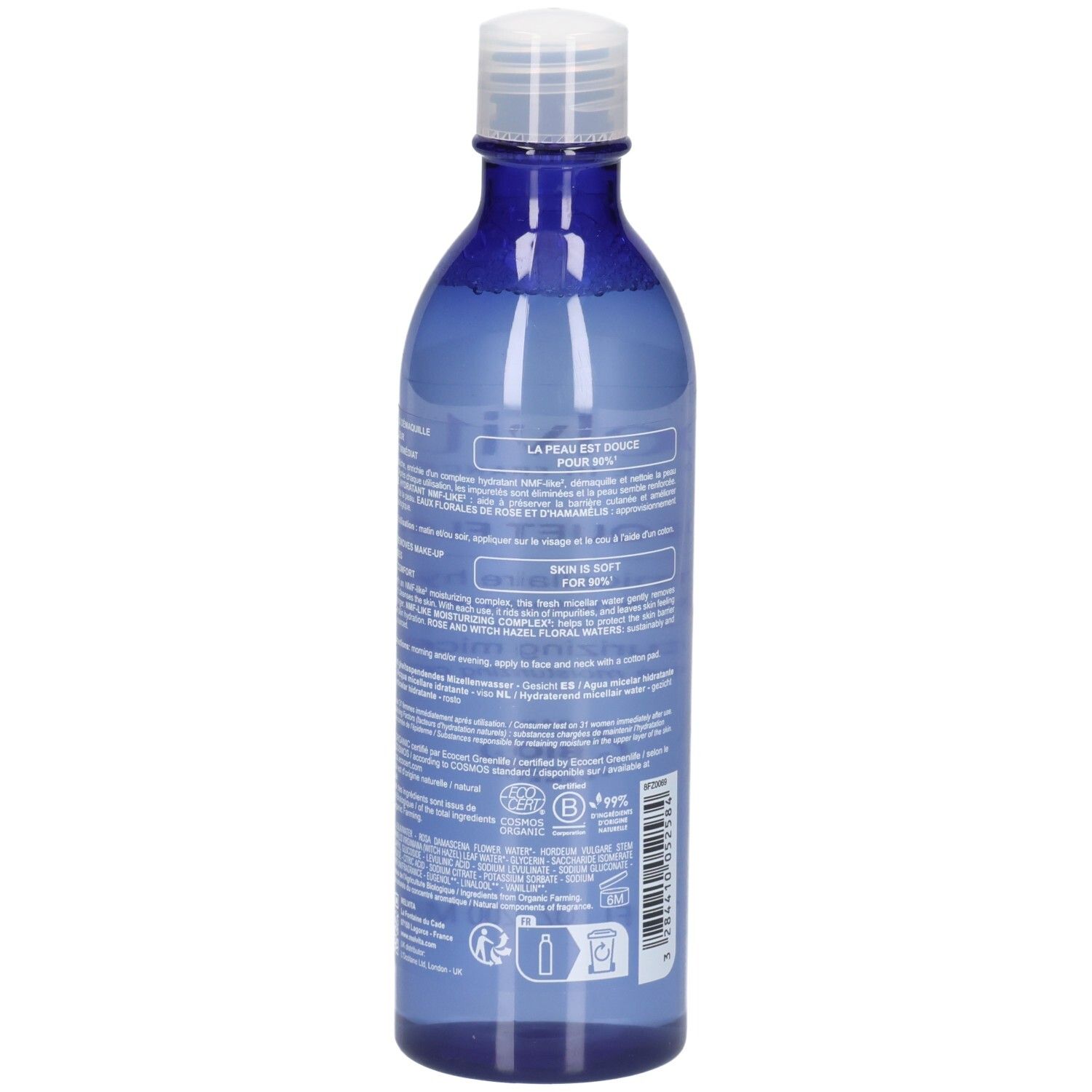 Achterkant van de Melvita Eau Micellaire Douce Détox fles met BIO-keurmerk en gebruiksaanwijzing.