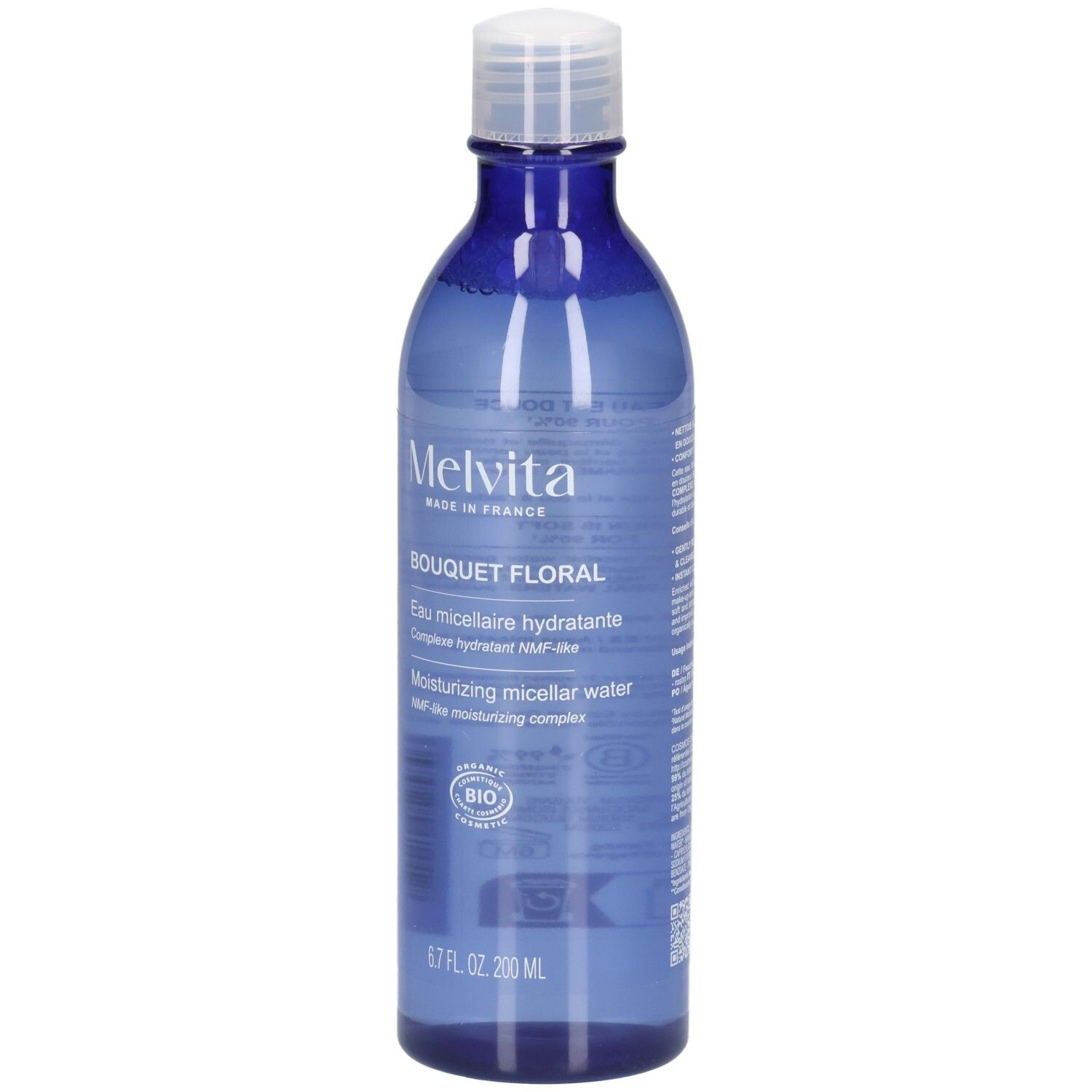 Melvita Eau Micellaire Douce Détox, blauwe fles met witte dop. Bevat BIO-keurmerk.