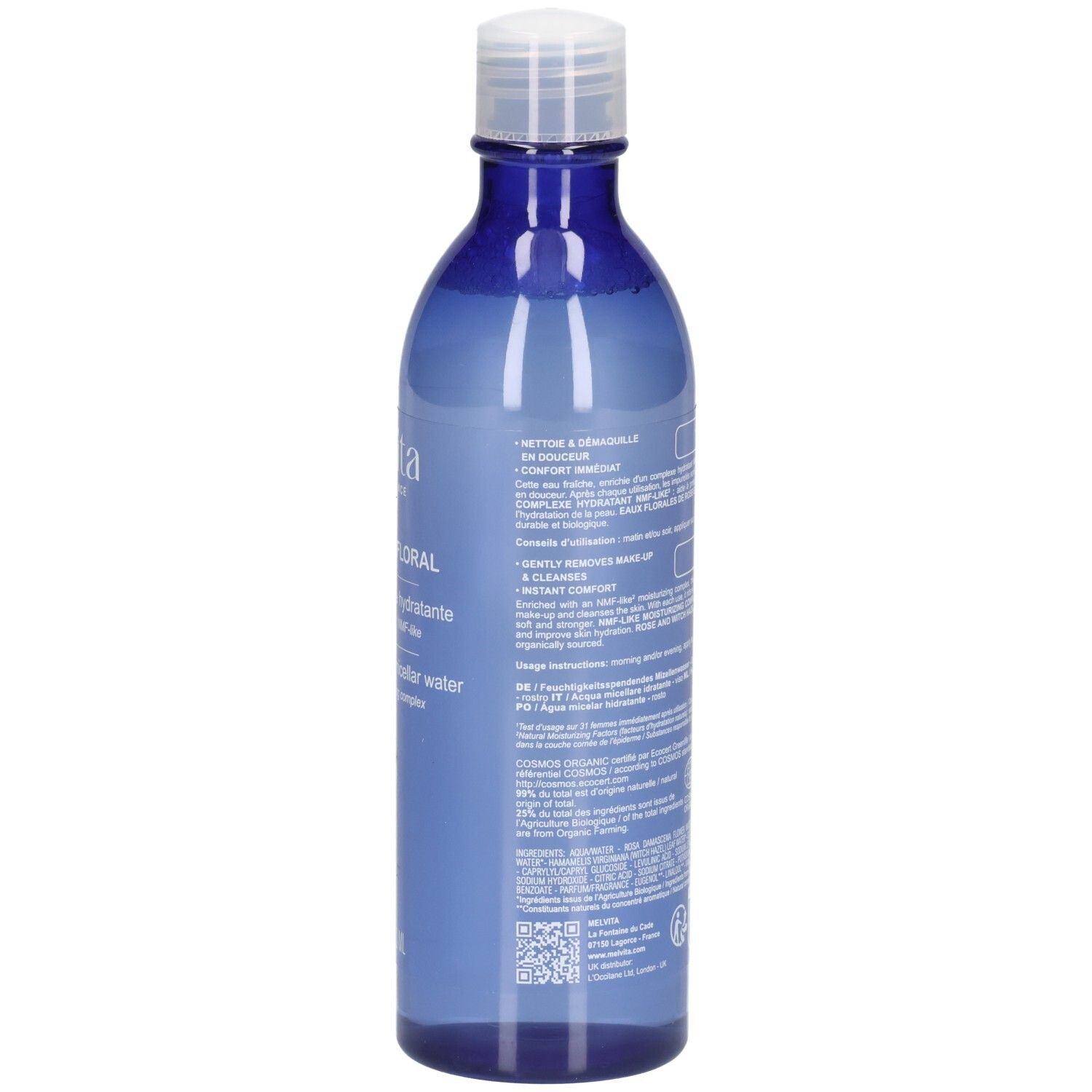 Achterkant van de Melvita Eau Micellaire Douce Détox fles met gebruiksaanwijzing en ingrediënten.