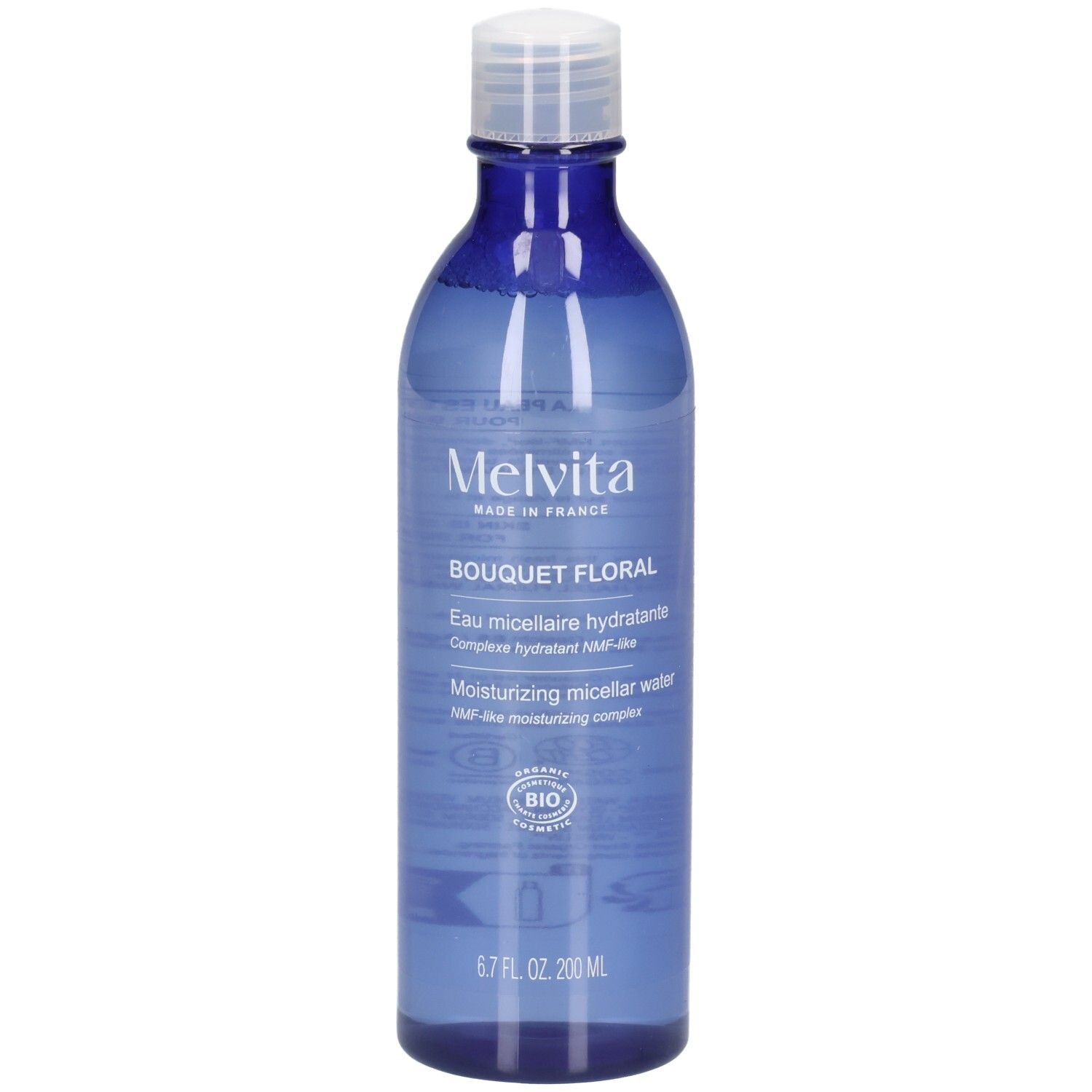 Melvita Eau Micellaire Douce Détox, blauwe fles met witte dop. Bevat BIO-keurmerk.