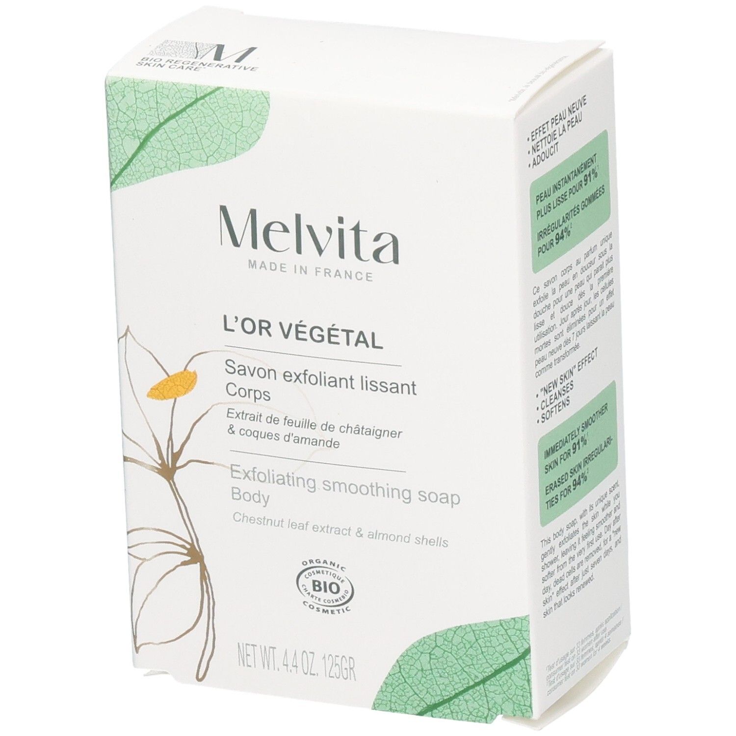 Savon corps Melvita L'Or Végétal, 125g. Boîte blanche avec feuilles vertes et fleur. Label Bio Cosmétique.