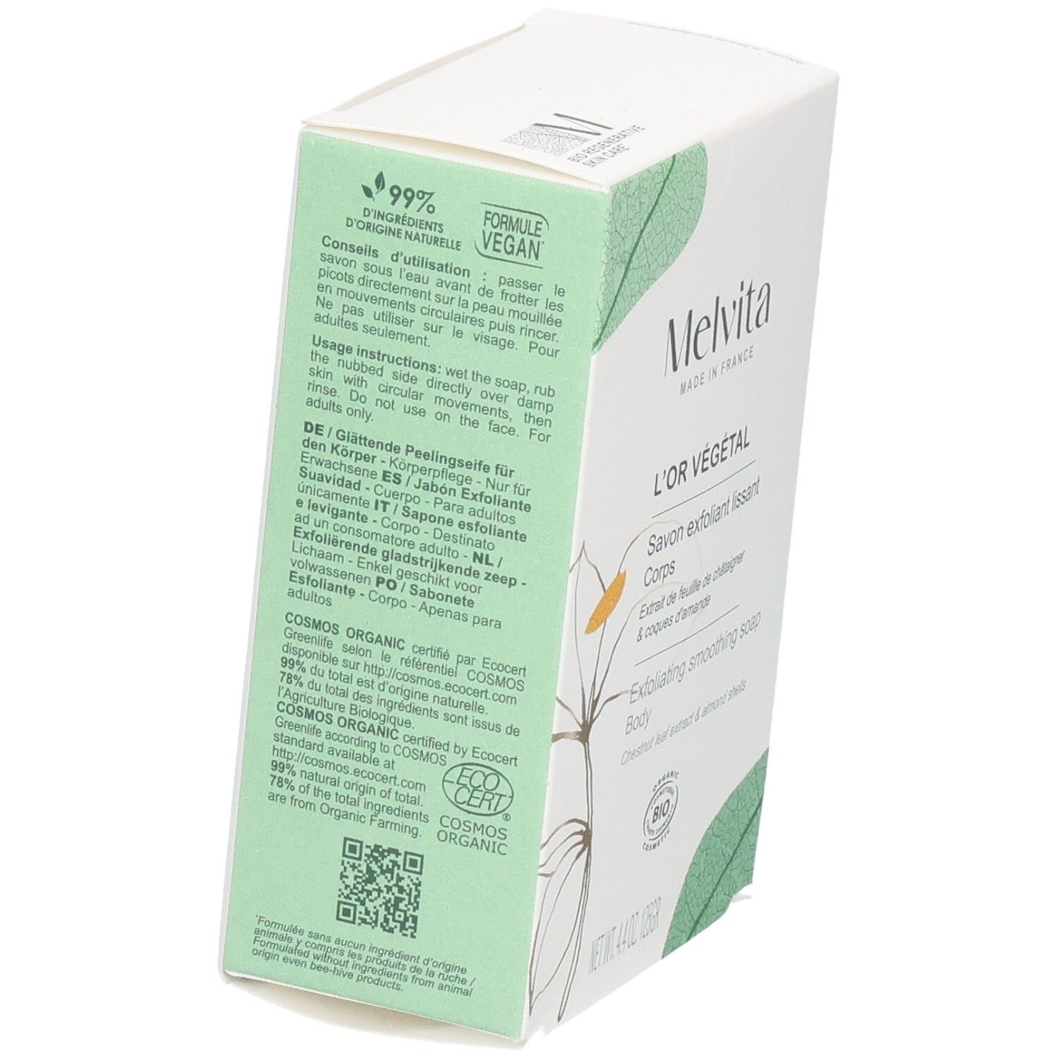 Savon corps Melvita L'Or Végétal, 125g. Arrière de l'emballage avec instructions et labels bio.