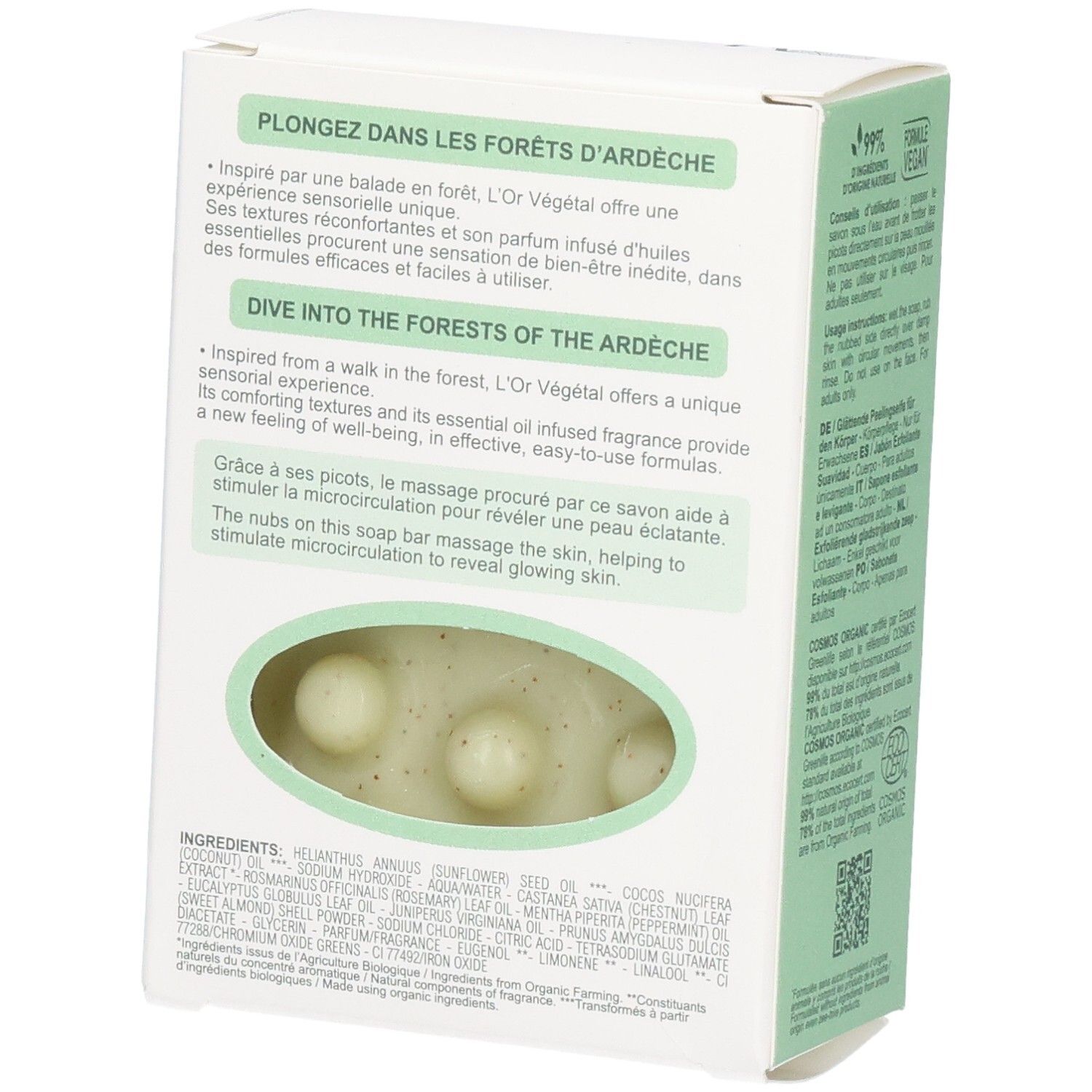 Savon corps Melvita L'Or Végétal, 125g. Vue latérale montrant le savon avec des picots. Texte sur les forêts d'Ardèche.