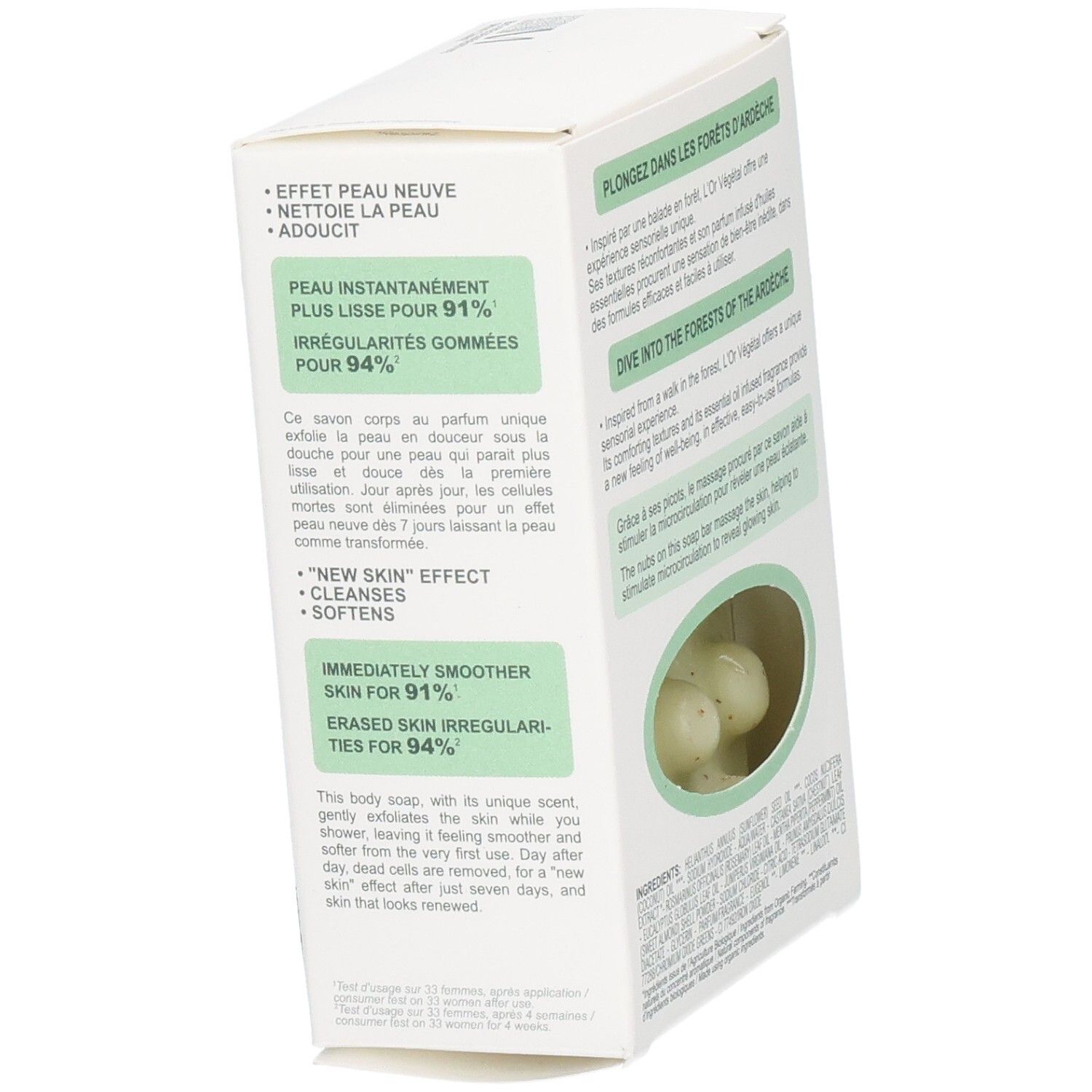 Savon corps Melvita L'Or Végétal, 125g. Côté de l'emballage avec effets 'Peau neuve' et 'Peau plus lisse'.