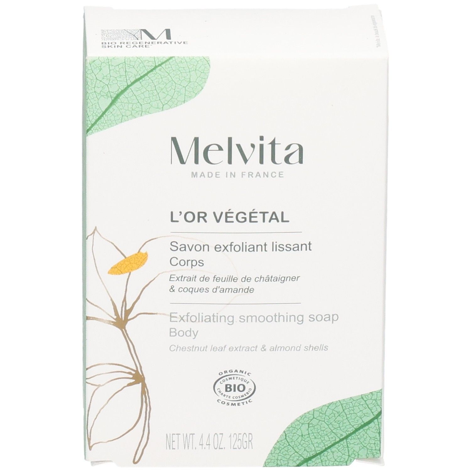 Savon corps Melvita L'Or Végétal, 125g. Face avant de l'emballage avec logo, nom du produit et label bio.