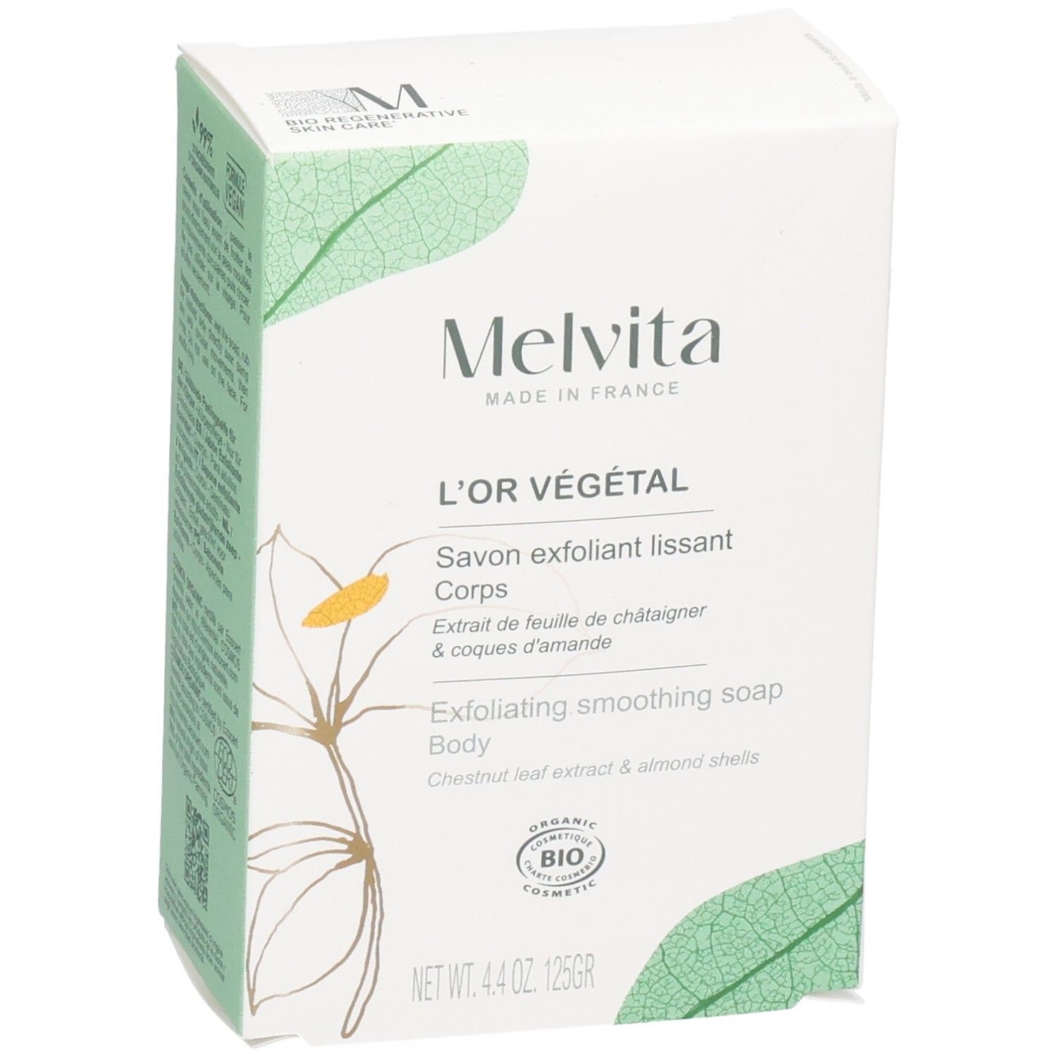 Savon corps Melvita L'Or Végétal, 125g. Emballage avec logo, nom du produit et label bio. Fabriqué en France.